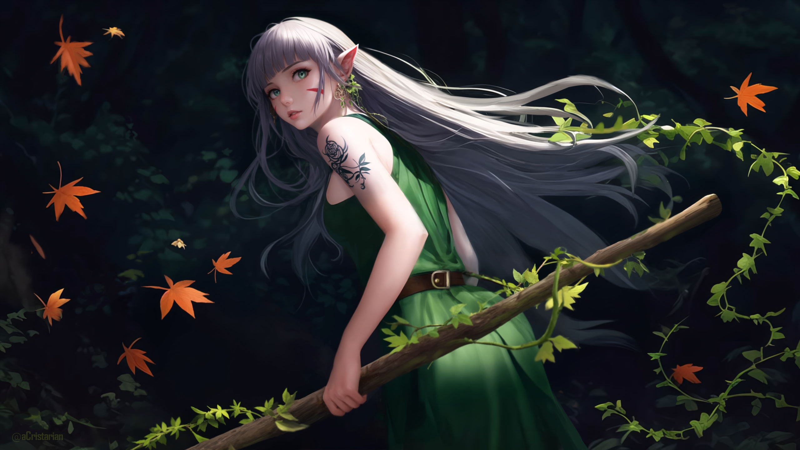 Anime 2560x1440 forest elven green dress leaves pointy ears fantasy girl fantasy art tattoo anime girls
