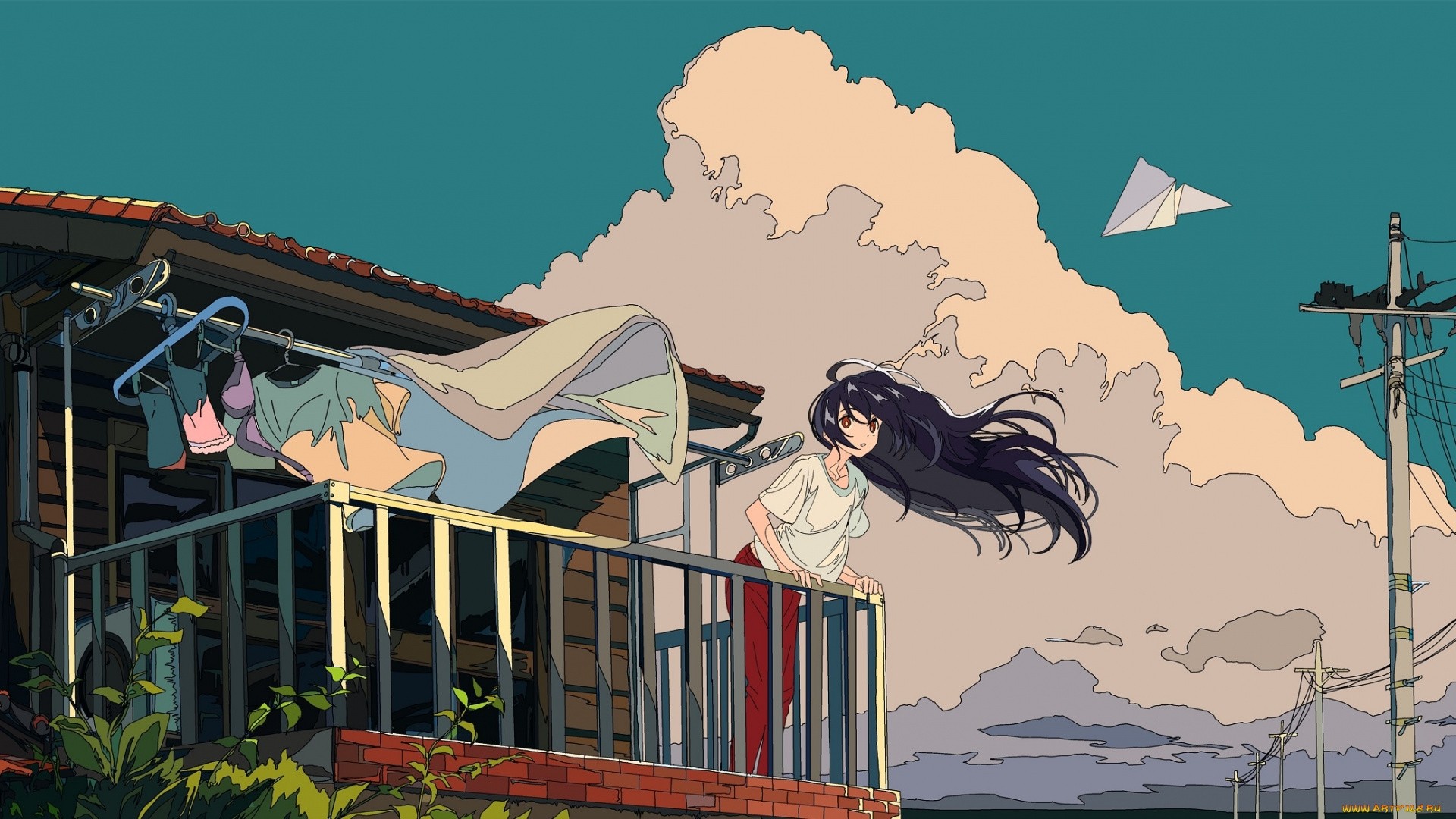 Anime 1920x1080 anime clouds paper planes balcony artwork