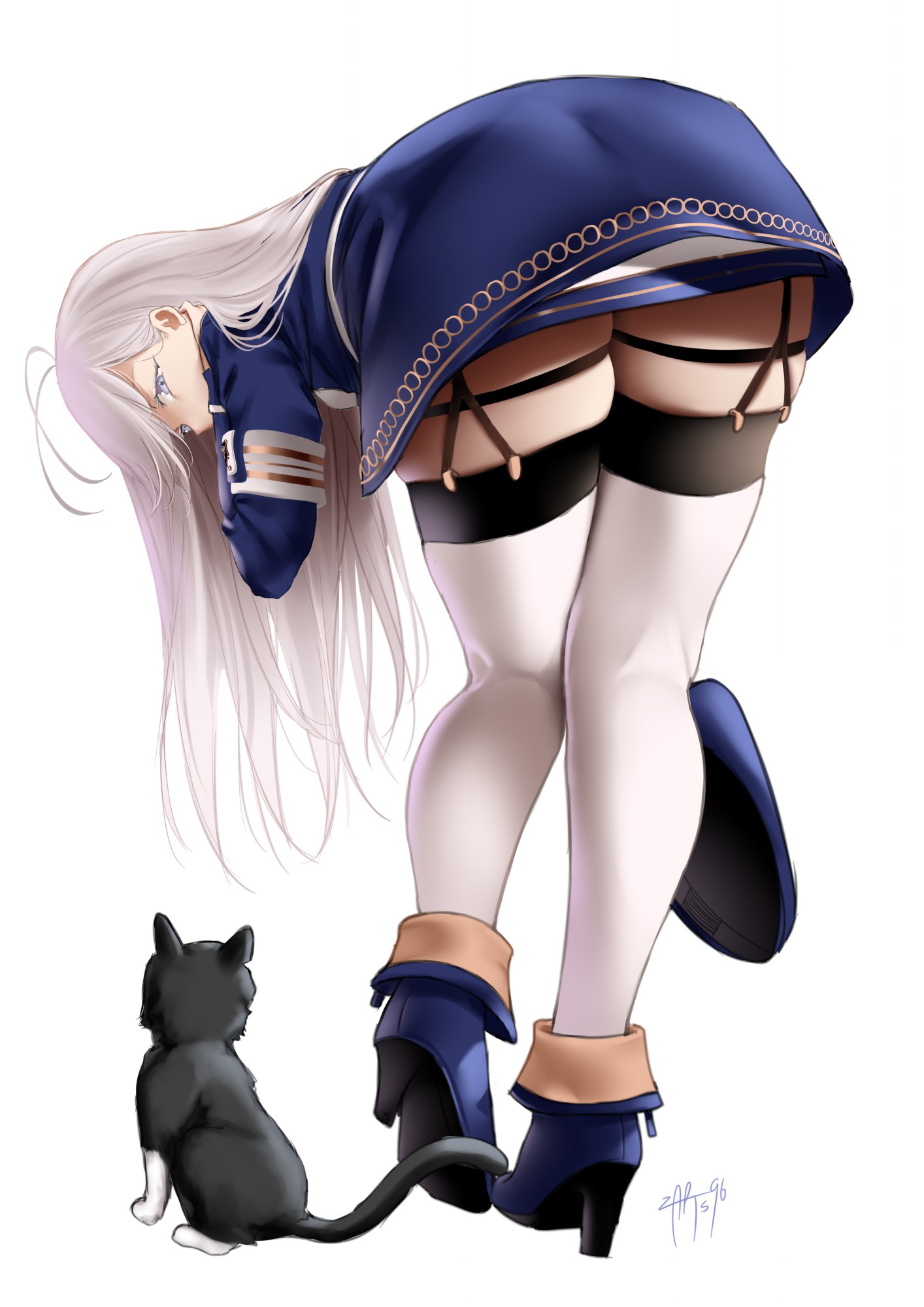 Anime 1414x2000 anime girls boobs Eighty-Six Vladilena Milizé rear view gray hair stockings blue eyes garter straps boots cats looking at viewer bent over animals