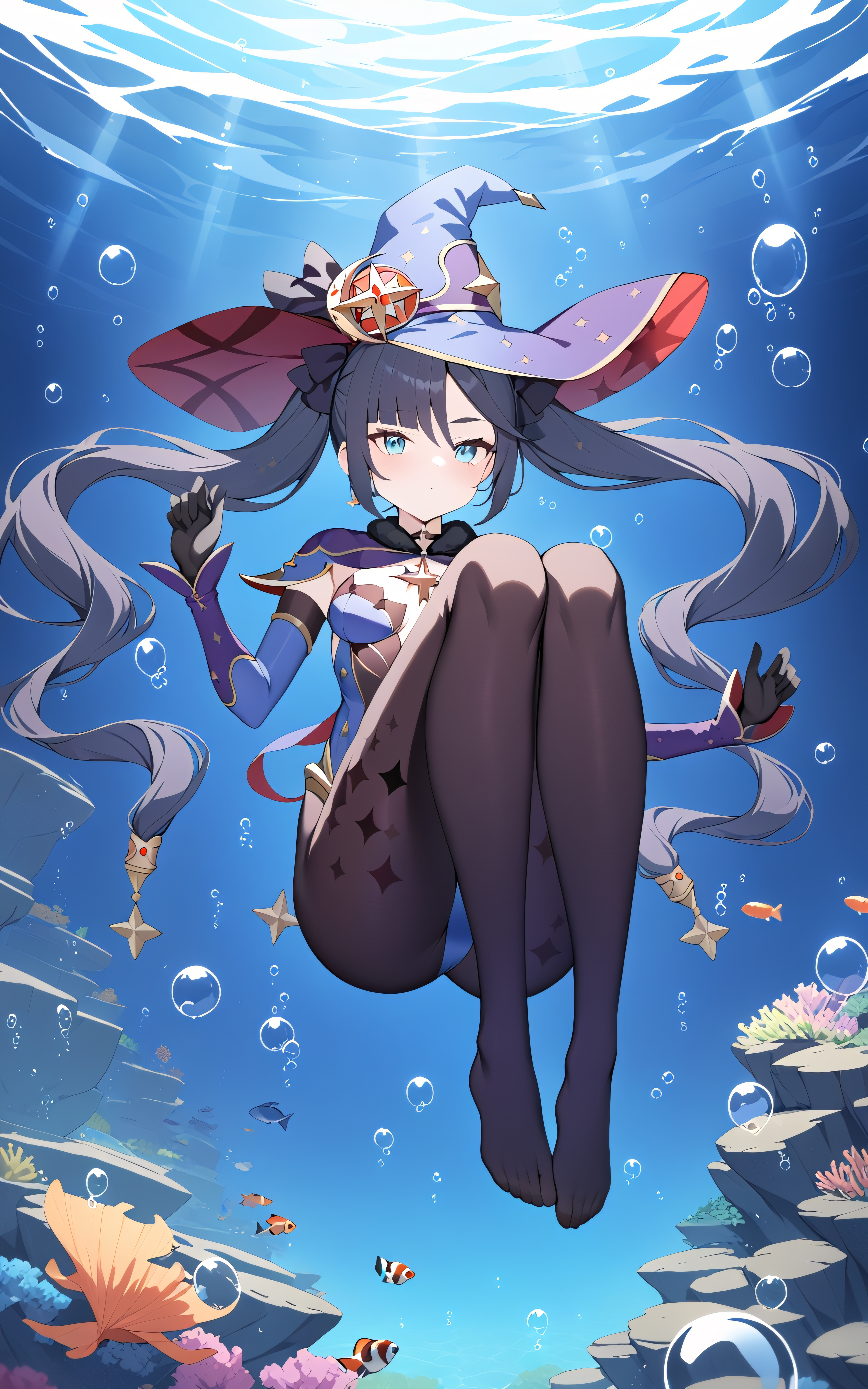 Anime 3840x6144 AI art Mona (Genshin Impact) Genshin Impact anime anime girls underwater feet long hair choker witch hat bangs