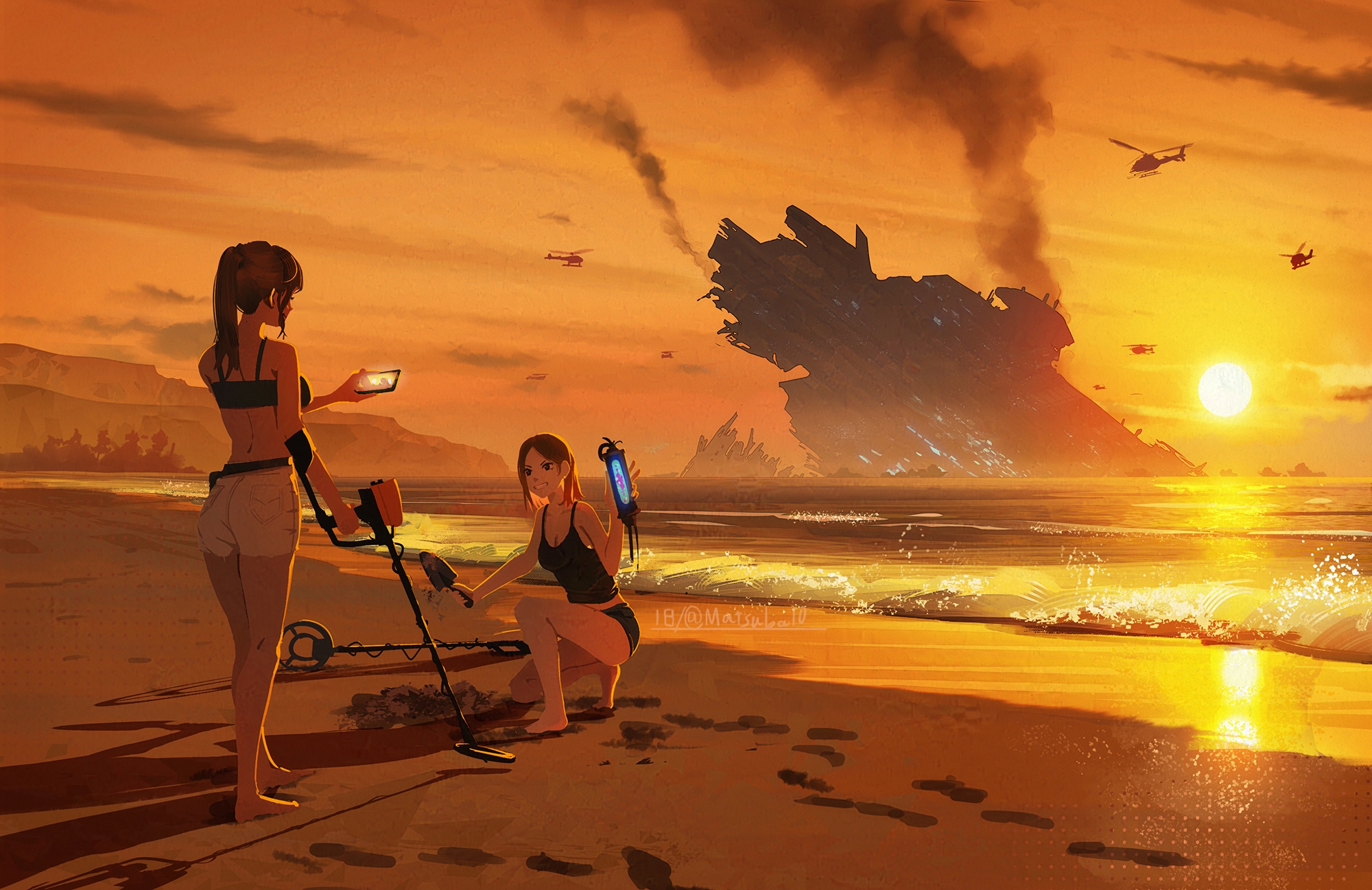 Anime 2000x1297 anime anime girls sunset hirokima women on beach water women outdoors Sun sunset glow two women ponytail watermarked spaceship long hair smoke helicopters sky clouds waves holding phone phone original characters sea sand metal detectors standing bent legs shovels