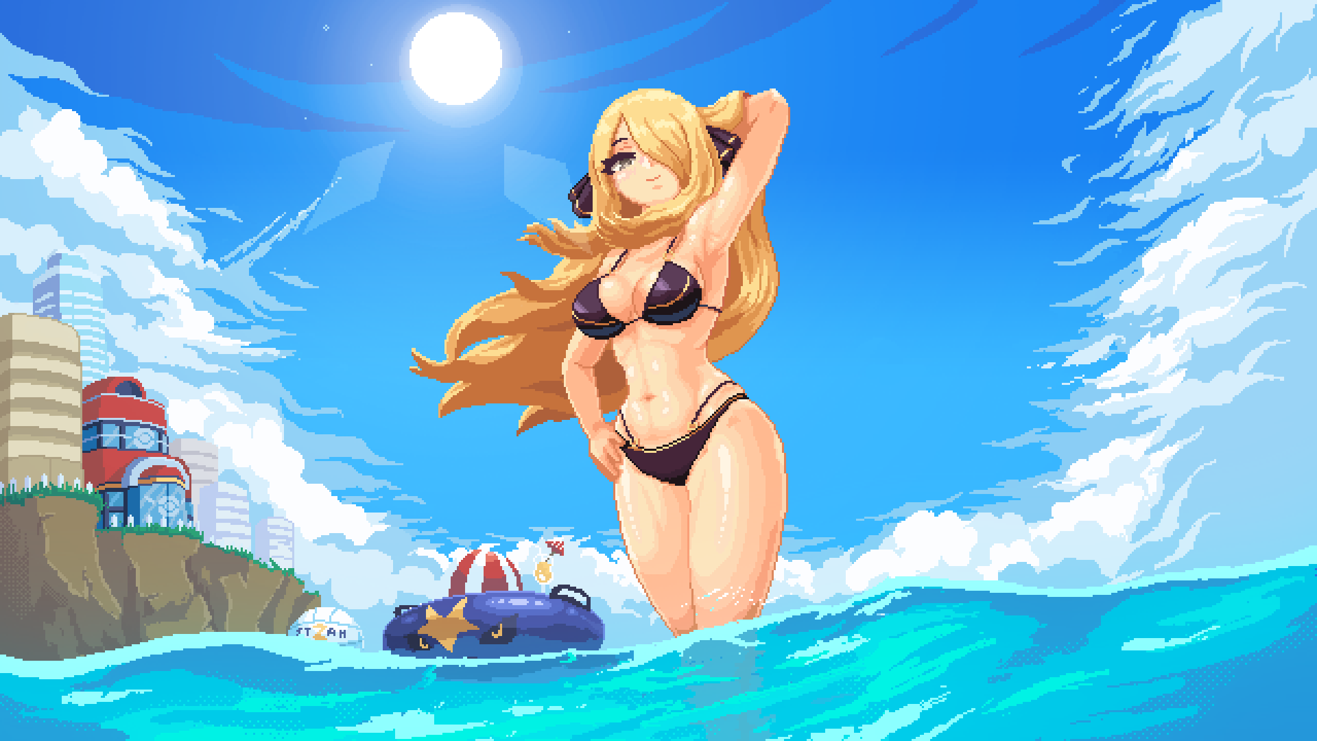 Anime 1920x1080 Nintendo video games video game girls alternate costume long hair boobs bikini black bikinis bikini top bikini bottoms sea clouds floater beach ball beach Pokémon Pokémon Diamond Pokémon Pearl Cynthia (Pokémon) bare midriff belly belly button thighs thighs together hips wide hips blonde bangs blunt bangs looking at viewer low-angle swimwear black swimsuit Sun sunlight Garchomp pixelated pixel art outdoors women outdoors O ring swimsuit arms up arm(s) behind head armpits hands on hips hair over one eye cocktails drink glass anime girls bare shoulders