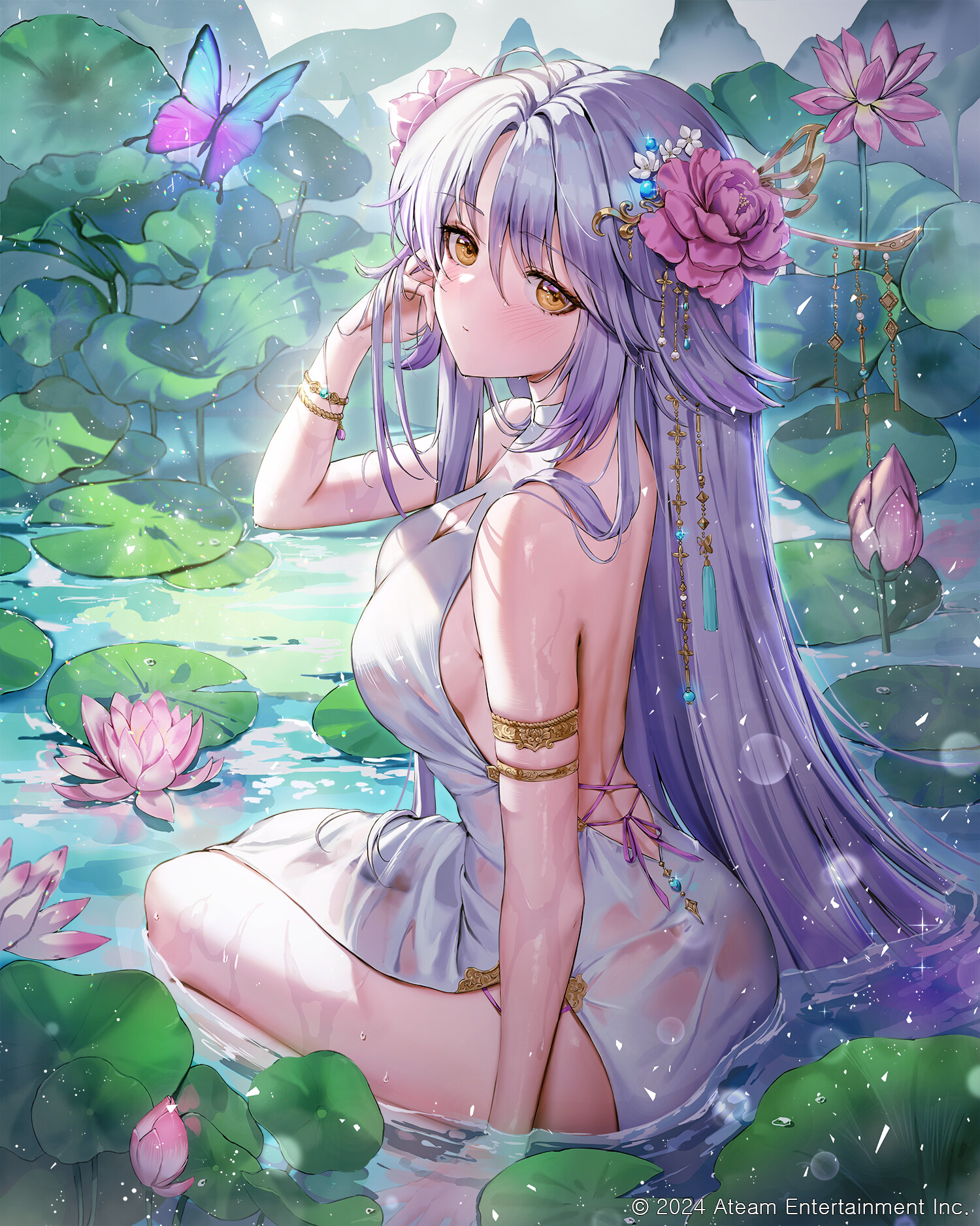 Anime 1500x1875 Jade Moon drawing flower in hair water lilies butterfly colorful