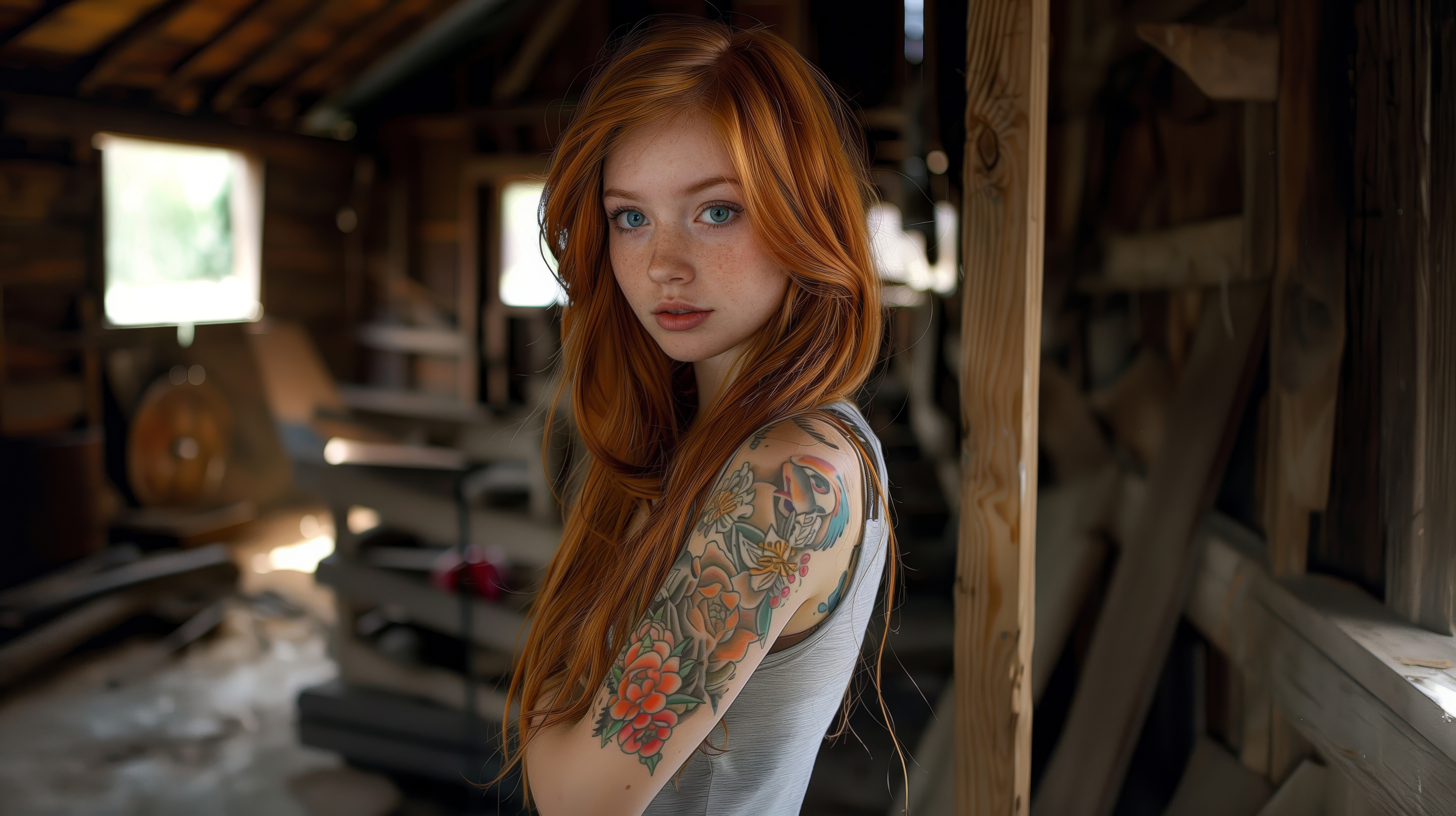 General 5824x3264 AI art women redhead tattoo looking at viewer freckles barns interior