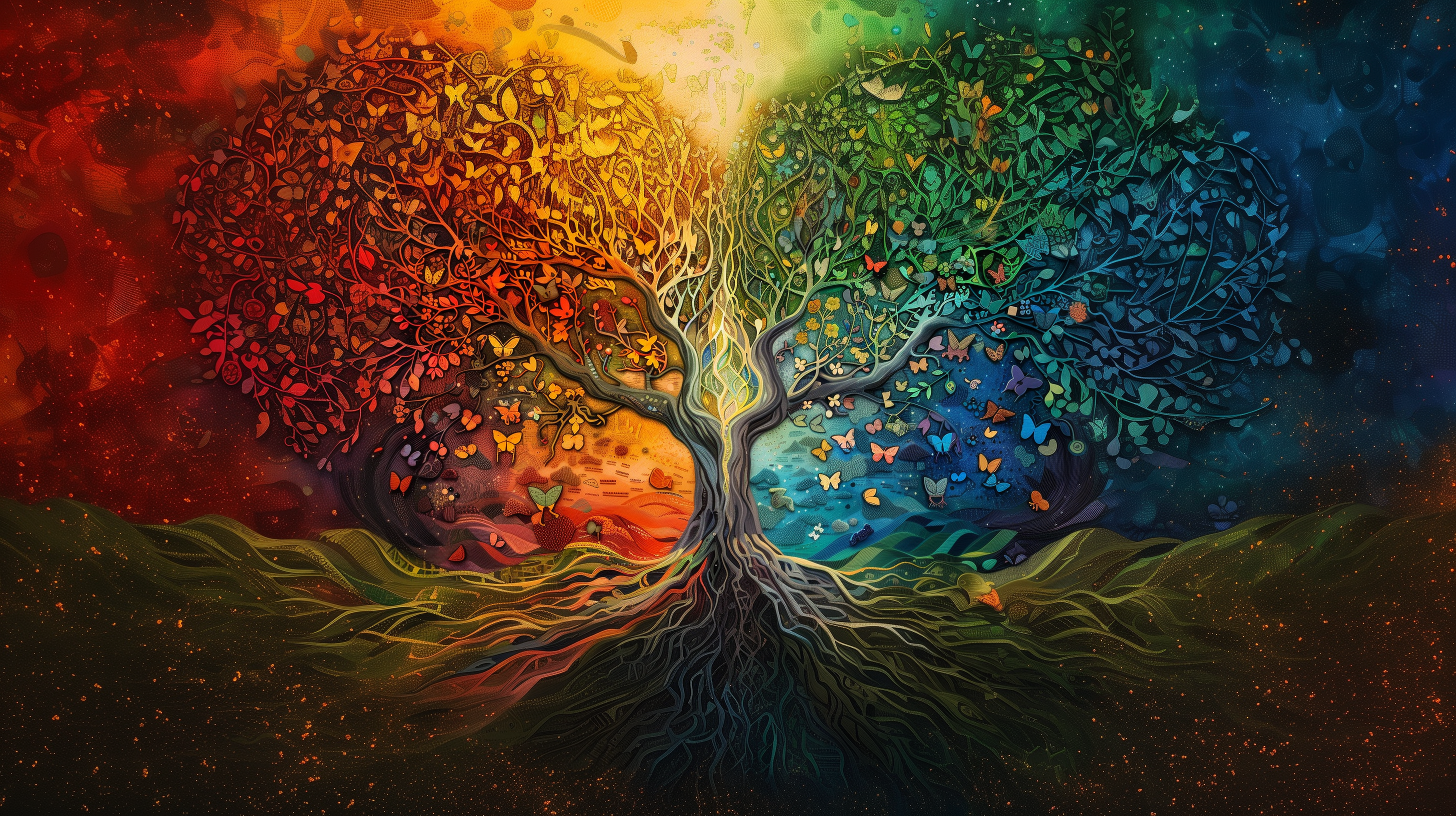 General 2912x1632 AI art tree of the universe colorful butterfly roots leaves
