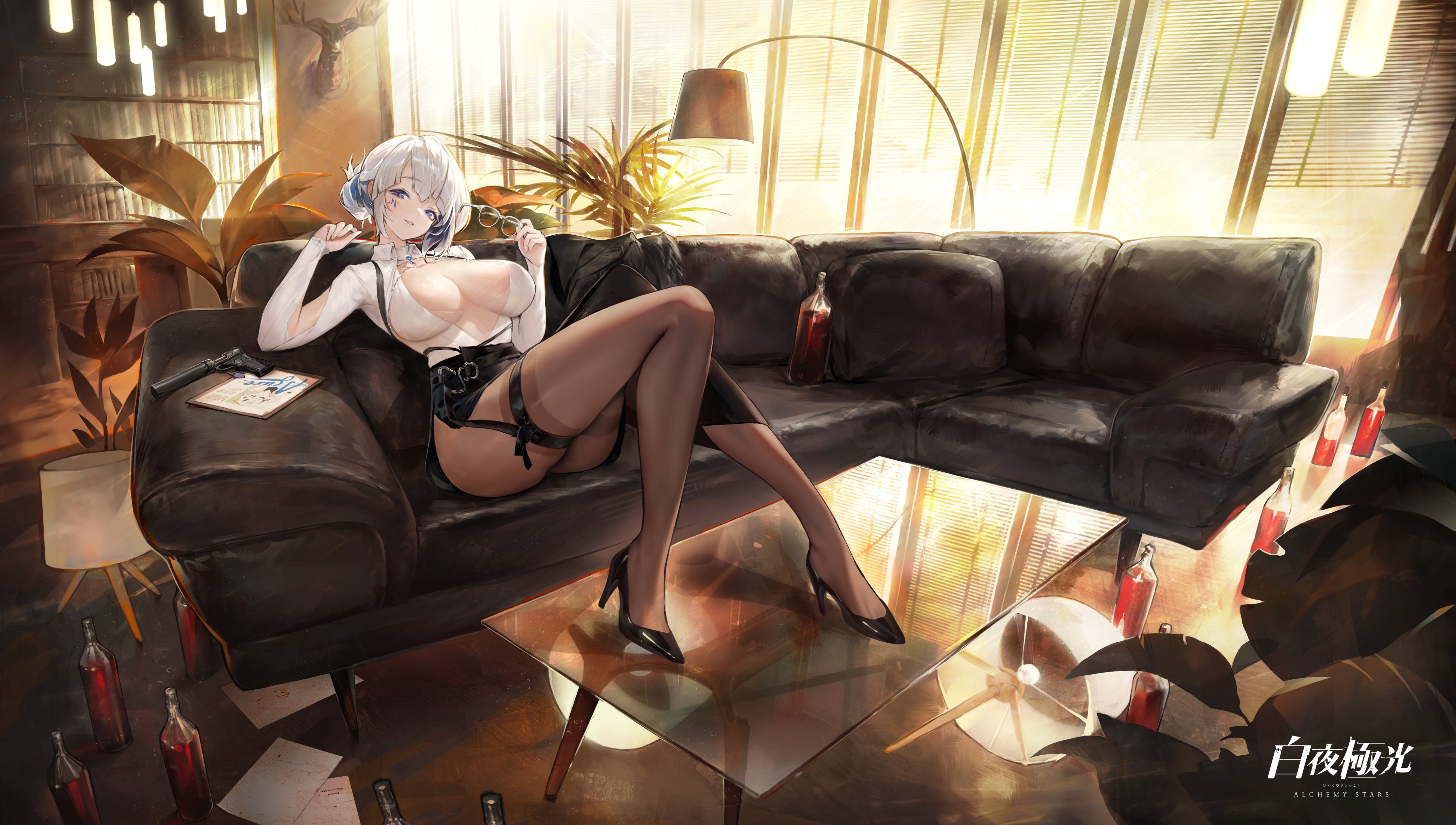 Anime 4096x2321 big boobs open clothes black pantyhose thighs clothing cutout plants heels legs table Azure (Alchemy Stars) gun long sleeves white hair looking at viewer blinds women indoors open shirt facial mark black couch Alchemy Stars pantyhose girls with guns bottles glasses women with glasses AGOTO couch indoors weapon blue eyes