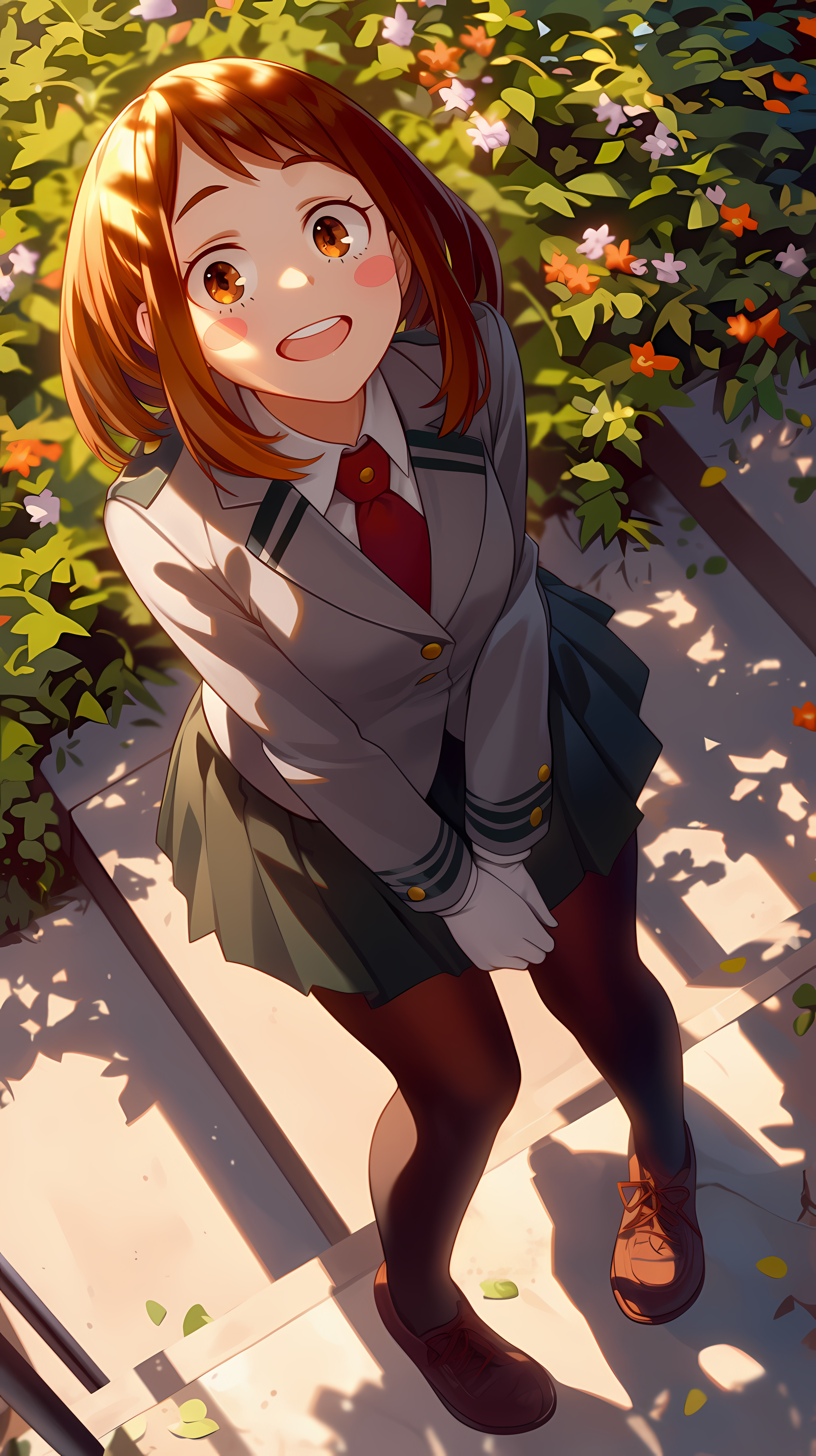 Anime 3264x5824 high angle AI art Uraraka Ochako Boku no Hero Academia flowers plants school schoolgirl tie