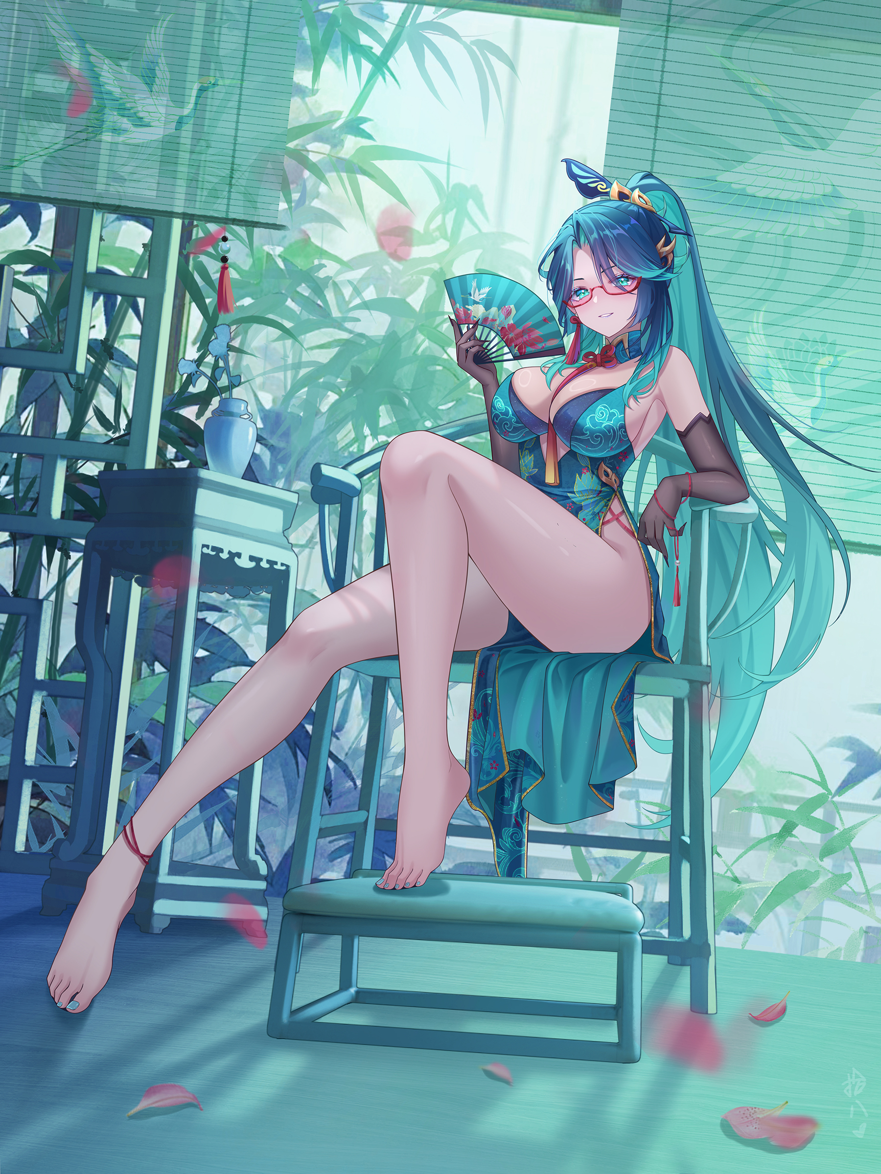 Anime 1800x2400 Genshin Impact sitting portrait display long hair Xianyun (Genshin Impact) looking at viewer thighs chinese dress barefoot elbow gloves glasses big boobs red glasses hair ornament petals Juuhachi Kin gloves fans feet toes women with glasses legs anime girls bent legs hand fan tassel earrings tassels ponytail leaves painted toenails blinds vases plants pointed toes asian clothing