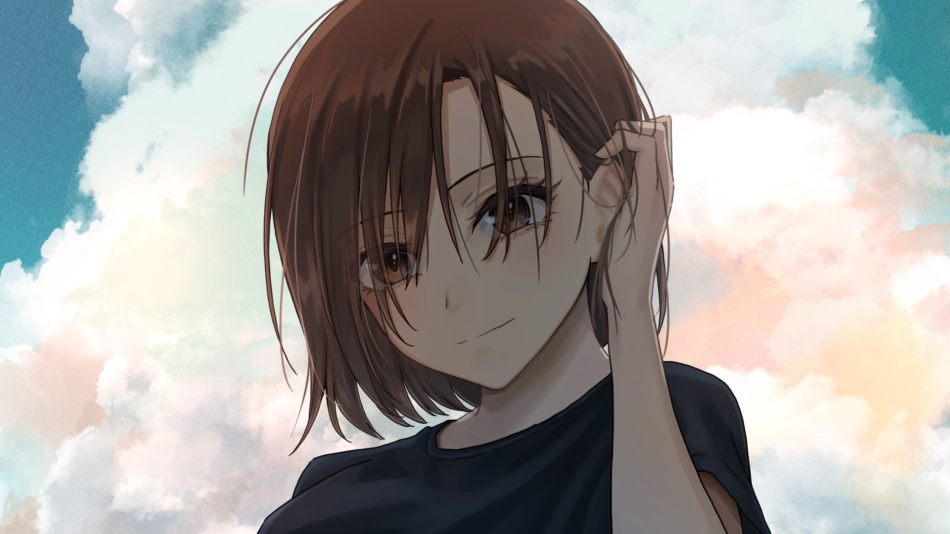 Anime 1920x1080 THE iDOLM@STER: Cinderella Girls Mizuki Seira anime girls closed mouth short hair brunette brown eyes looking at viewer clouds hand(s) in hair sky closeup short sleeves cropped hair in face