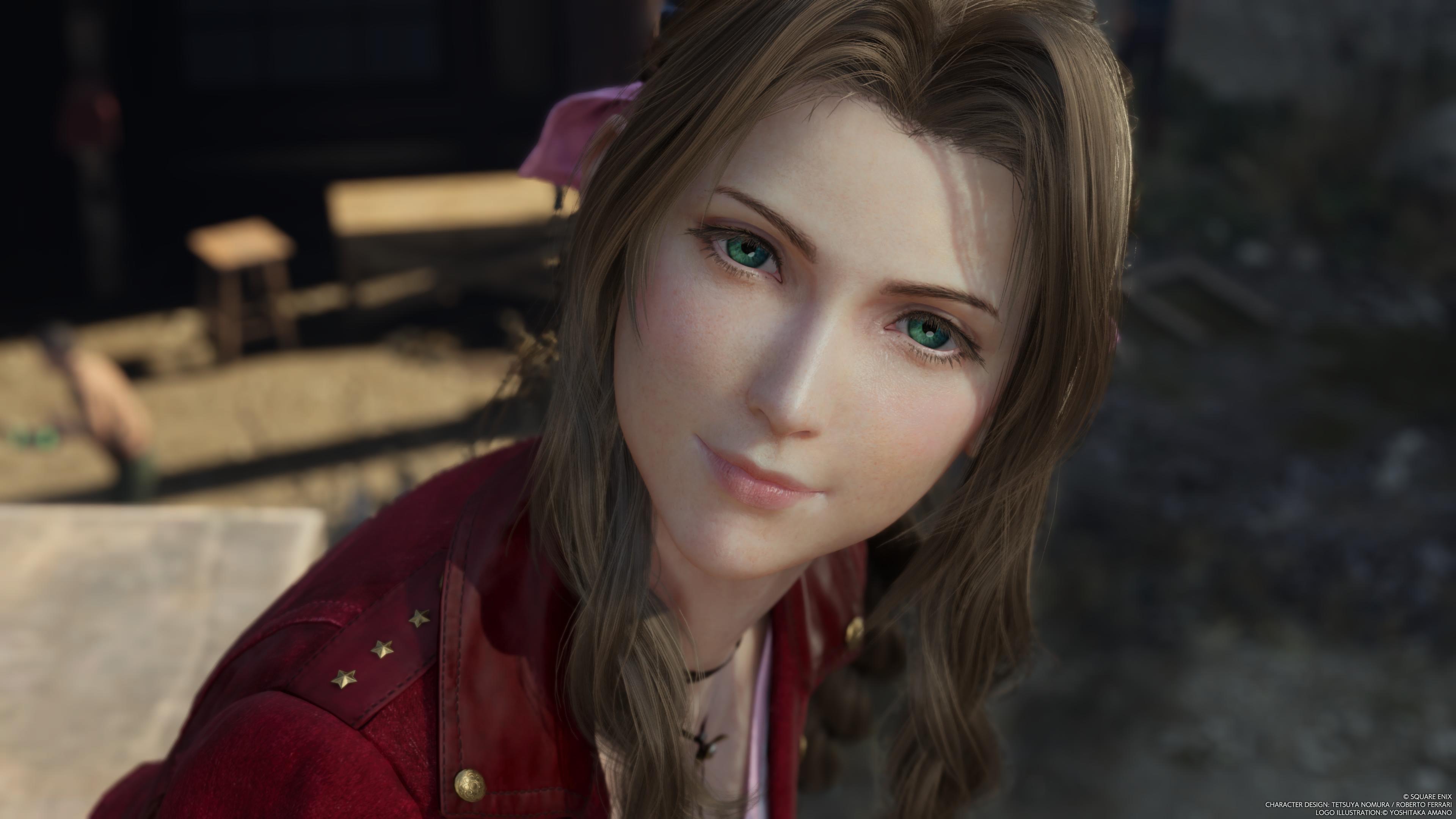 General 3840x2160 Final Fantasy VII: Rebirth Aerith Gainsborough Final Fantasy video games video game girls JRPGs Square Enix long hair video game characters CGI closed mouth smiling brunette blue eyes looking at viewer face closeup watermarked Yoshitaka Amano blurred video game art screen shot blurry background