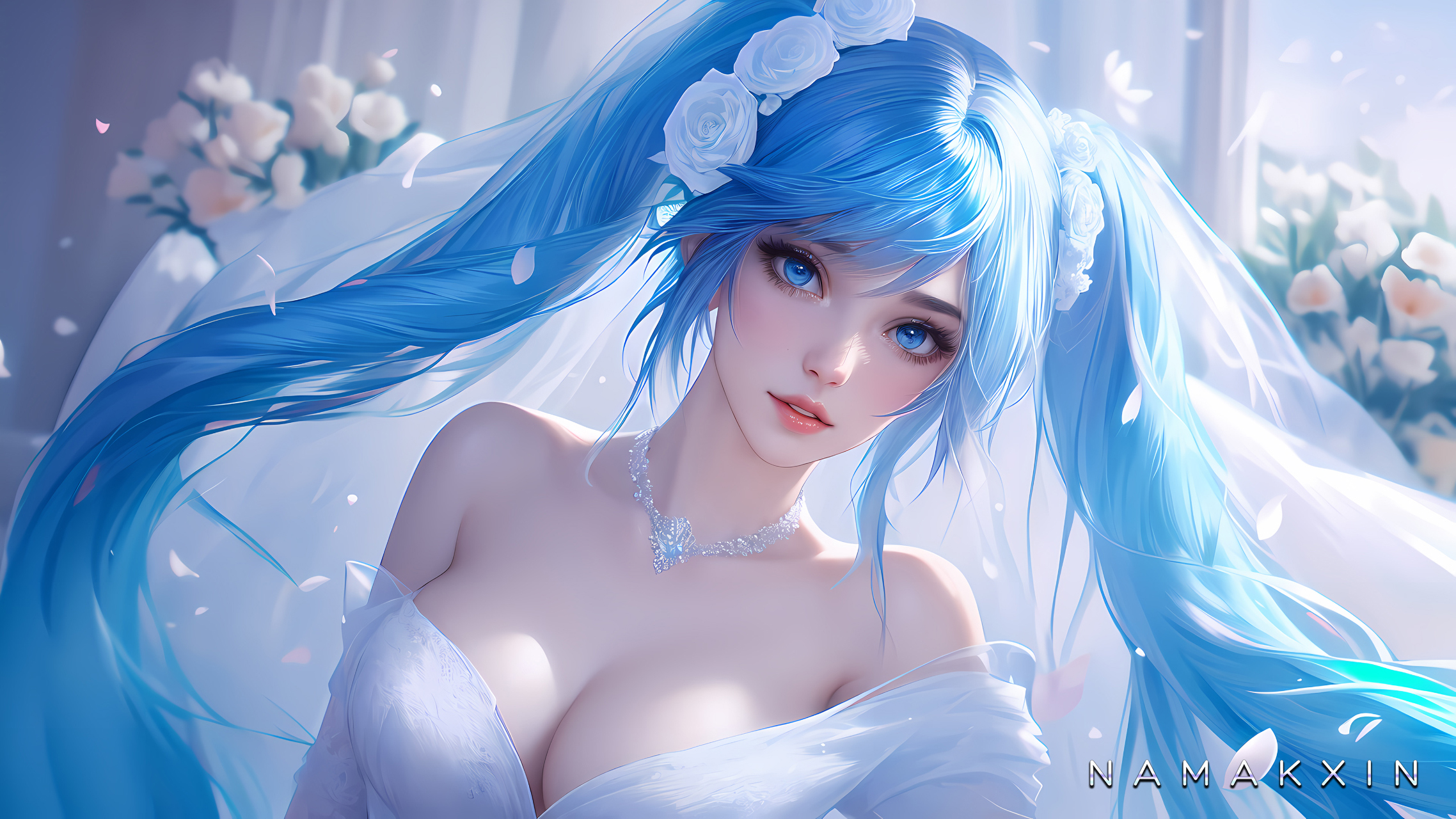 Anime 2276x1280 Namakxin AI art Sona (League of Legends) brides blue hair portrait