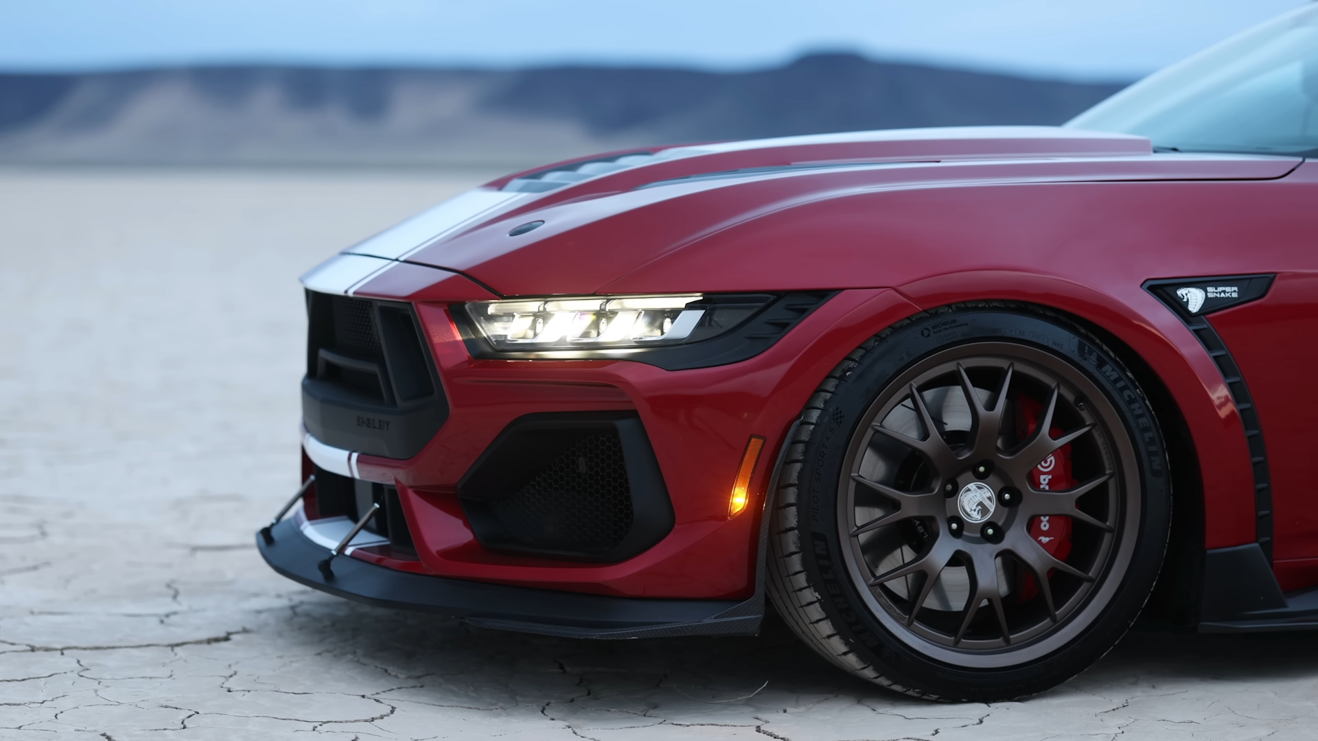 General 1920x1080 Shelby car red striped Ford Mustang muscle cars headlights side view depth of field red cars vehicle closeup