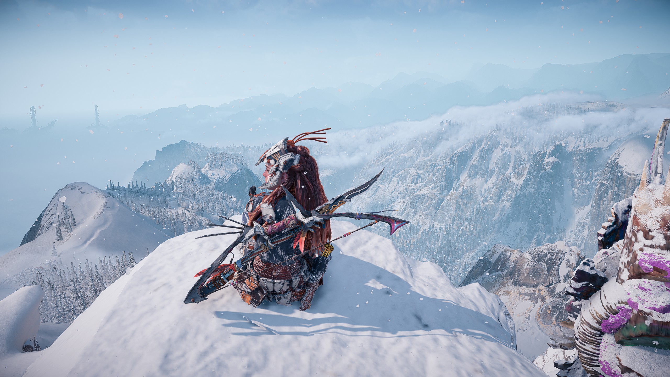 General 2560x1440 Horizon Forbidden West video game characters video game girls Aloy video game art screen shot video games landscape snowy mountain CGI snow trees bow long hair brunette looking away mountains looking sideways sky