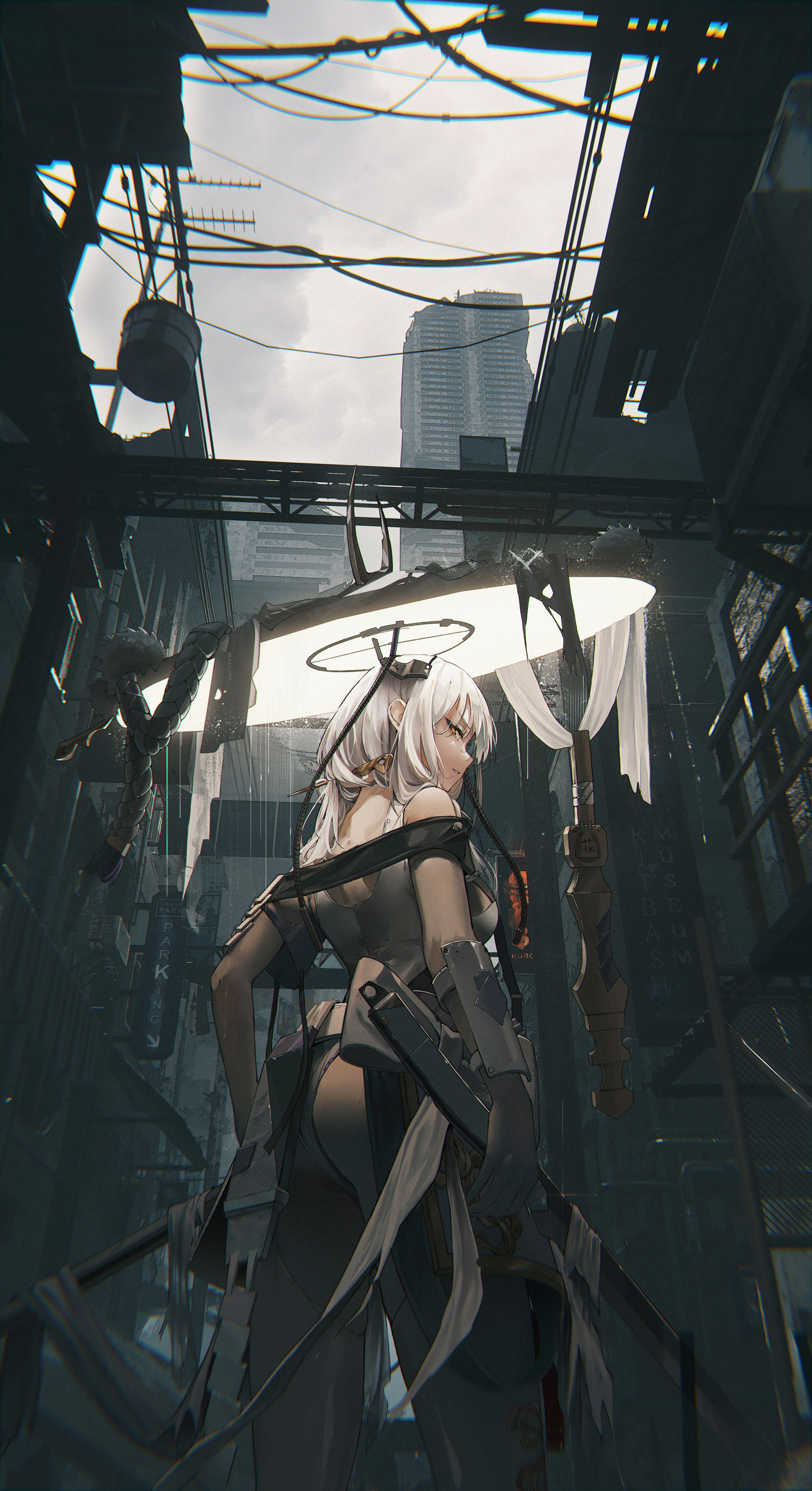 Anime 2080x3819 anime anime girls Nikke: The Goddess of Victory Scarlet (Nikke) standing portrait display long hair building looking back white hair parted lips sky looking over shoulder looking at viewer low-angle yellow eyes arched back signs hat overcast cables weapon hair ornament ass sword women with swords