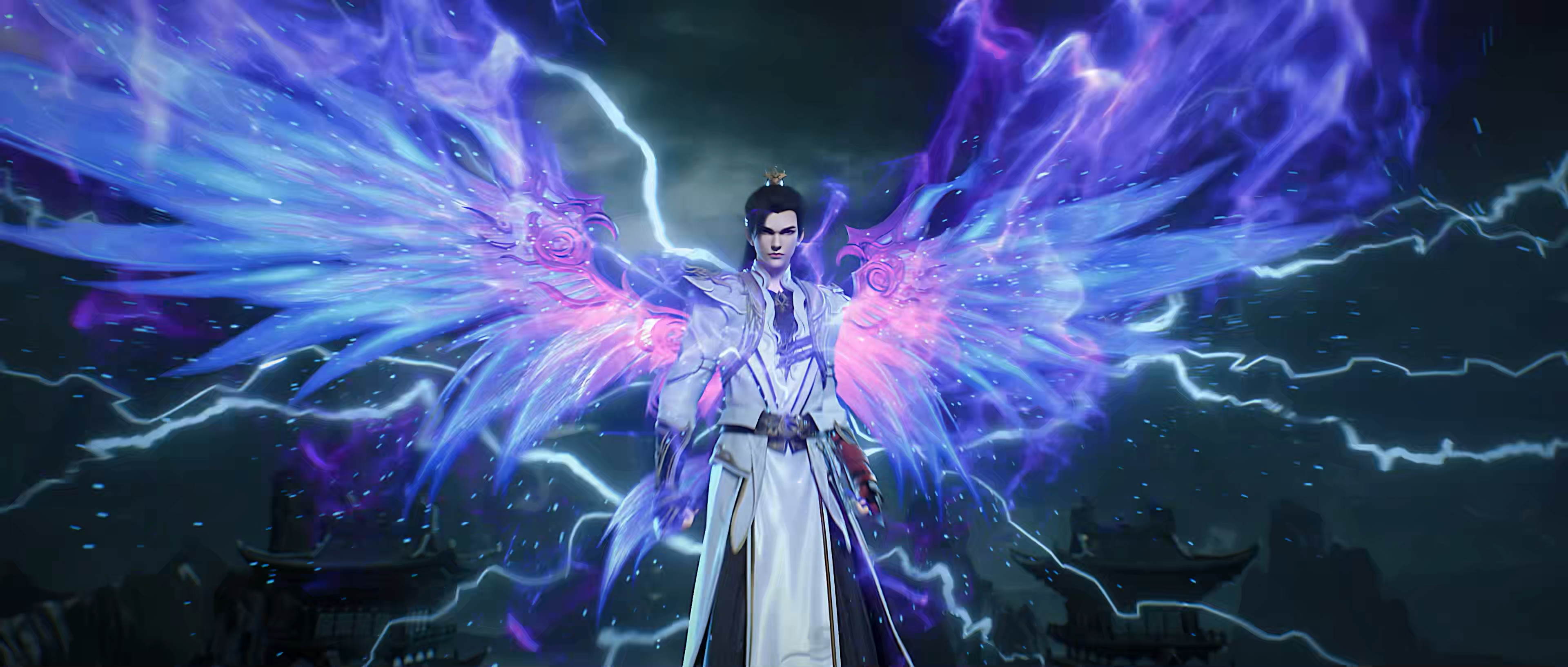 General 3840x1636 Wan Mei Shi Jie wings fantasy art fantasy men Chinese cartoon CGI screen shot long hair dark hair lightning looking at viewer fist