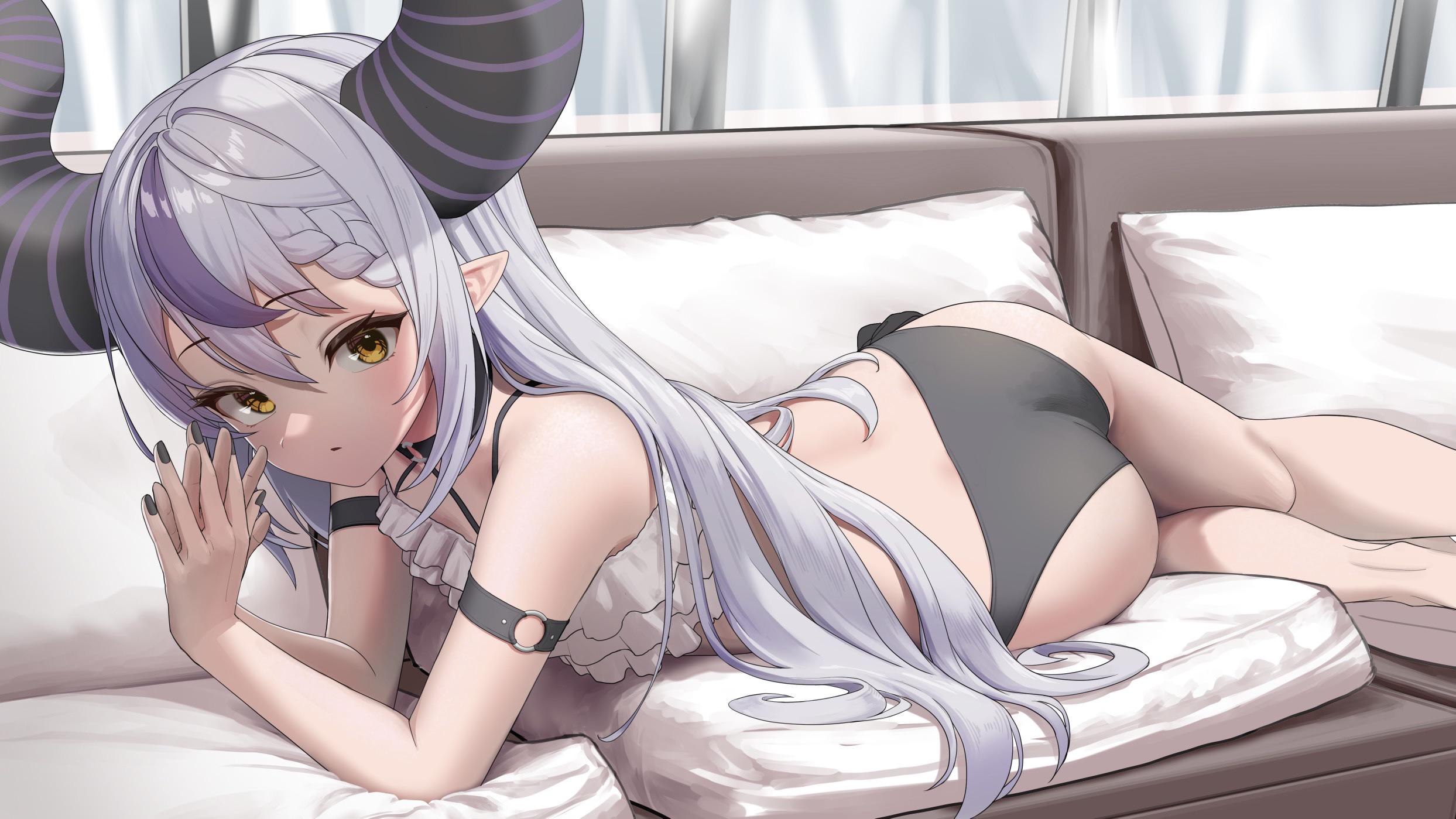 Anime 2487x1399 Laplus Darknesss Hololive Virtual Youtuber long hair wataru arimoto pillow lying down lying on front hair between eyes panties black panties braids parted lips pointy ears anime girls painted nails fingers interlaced skinny black nails blushing yellow eyes couch ass horns frills