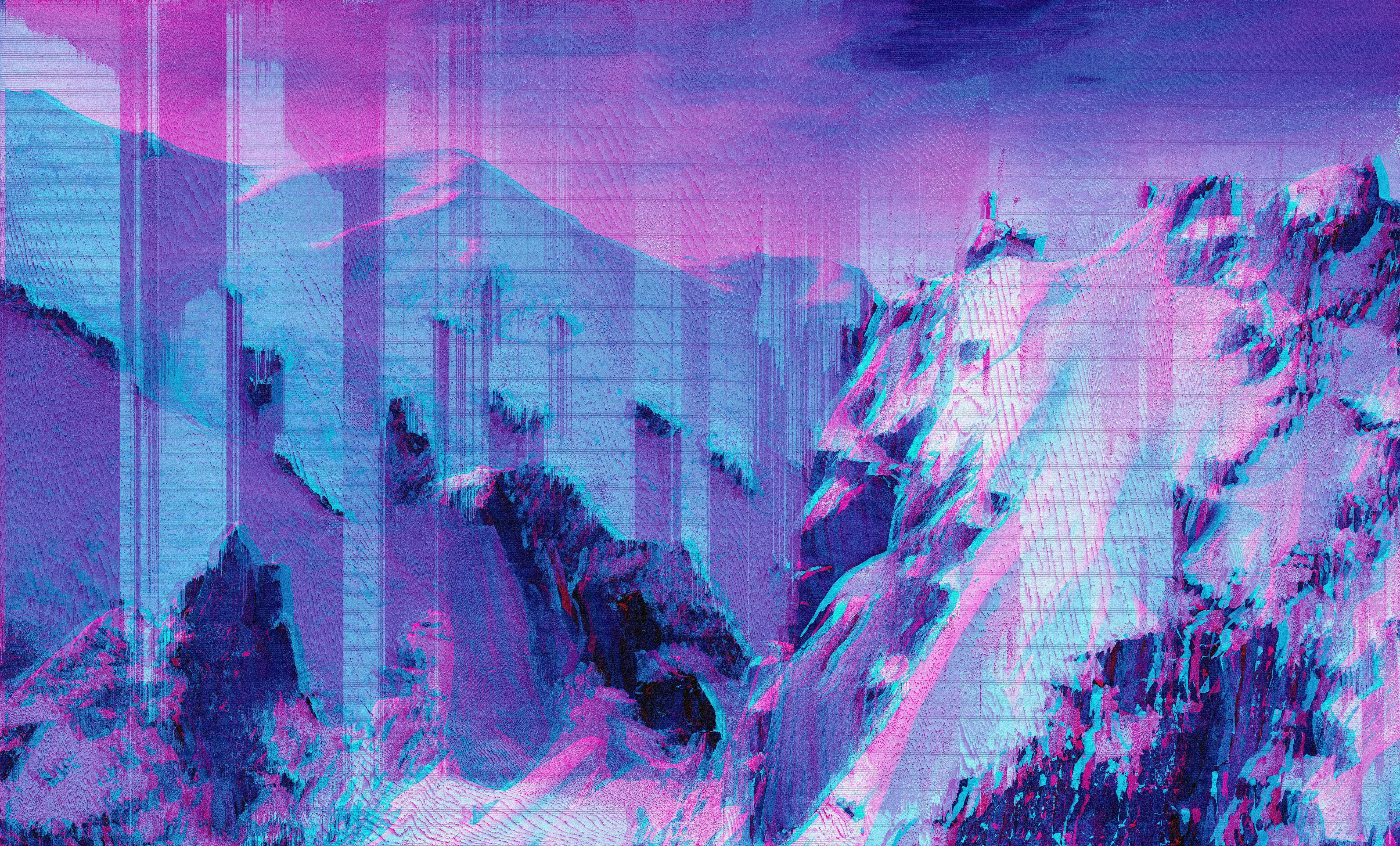 General 5211x3149 glitch art abstract mountains nature pink turquoise