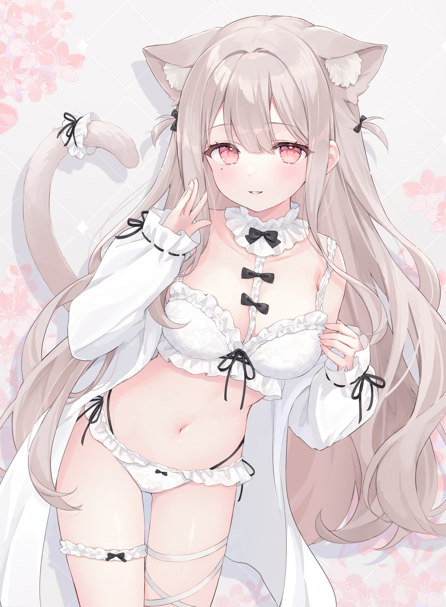 Anime 1481x2014 Shano Hiyori anime anime girls portrait display long hair looking at viewer Uise iu collarbone indie virtual youtuber moles mole under eye blushing bow tie cat girl cat ears cat tail parted lips white lingerie leaning detached sleeves blonde pink eyes hair between eyes leg garter lingerie frills puffy sleeves