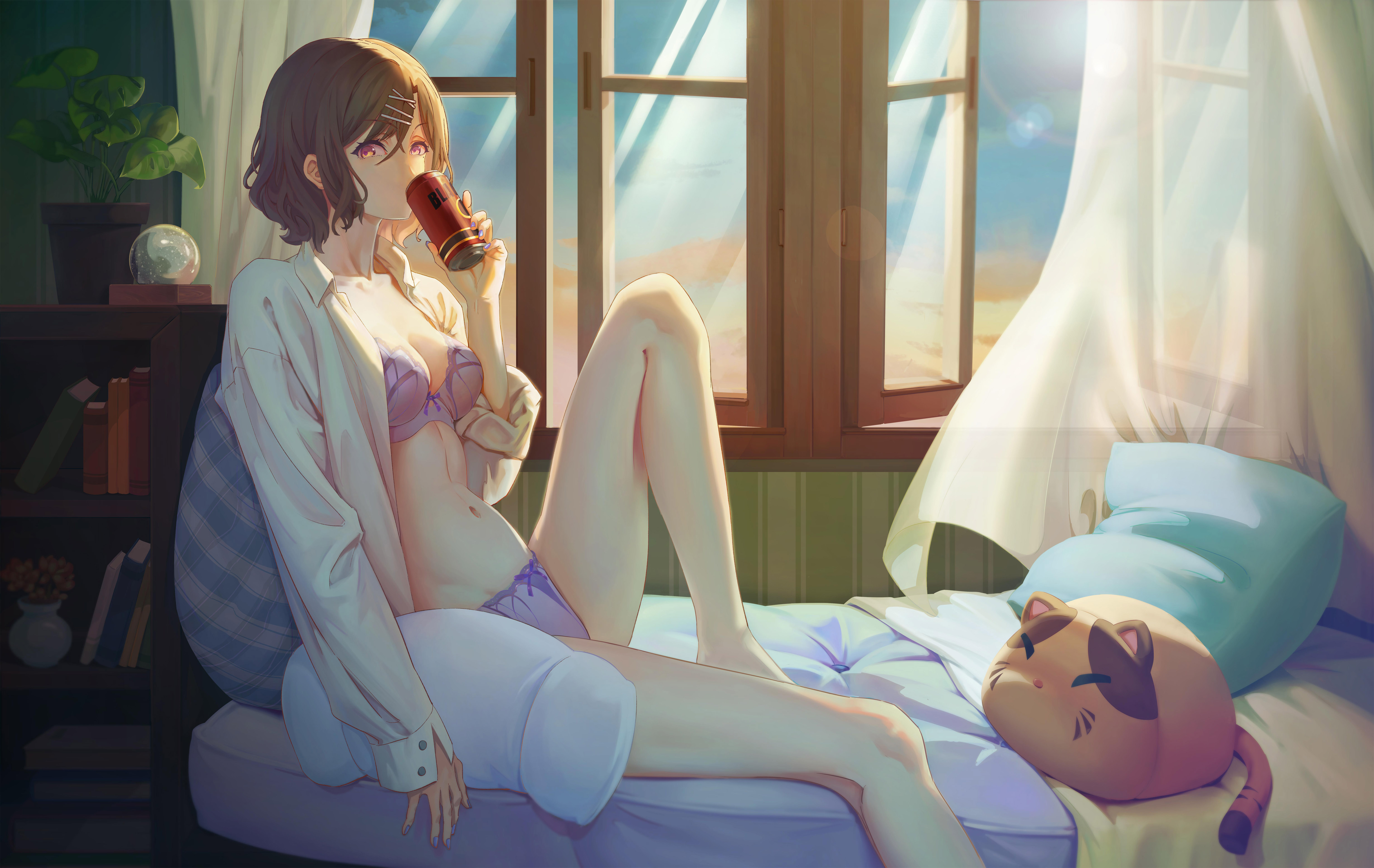 Anime 6076x3839 THE iDOLM@STER window Higuchi Madoka brunette looking at viewer lingerie in bedroom open mouth women indoors barefoot underwear purple panties purple underwear panties purple bra long sleeves short hair bookshelves drinking Theleopardcat boobs can pillow sky curtains wind anime girls sitting