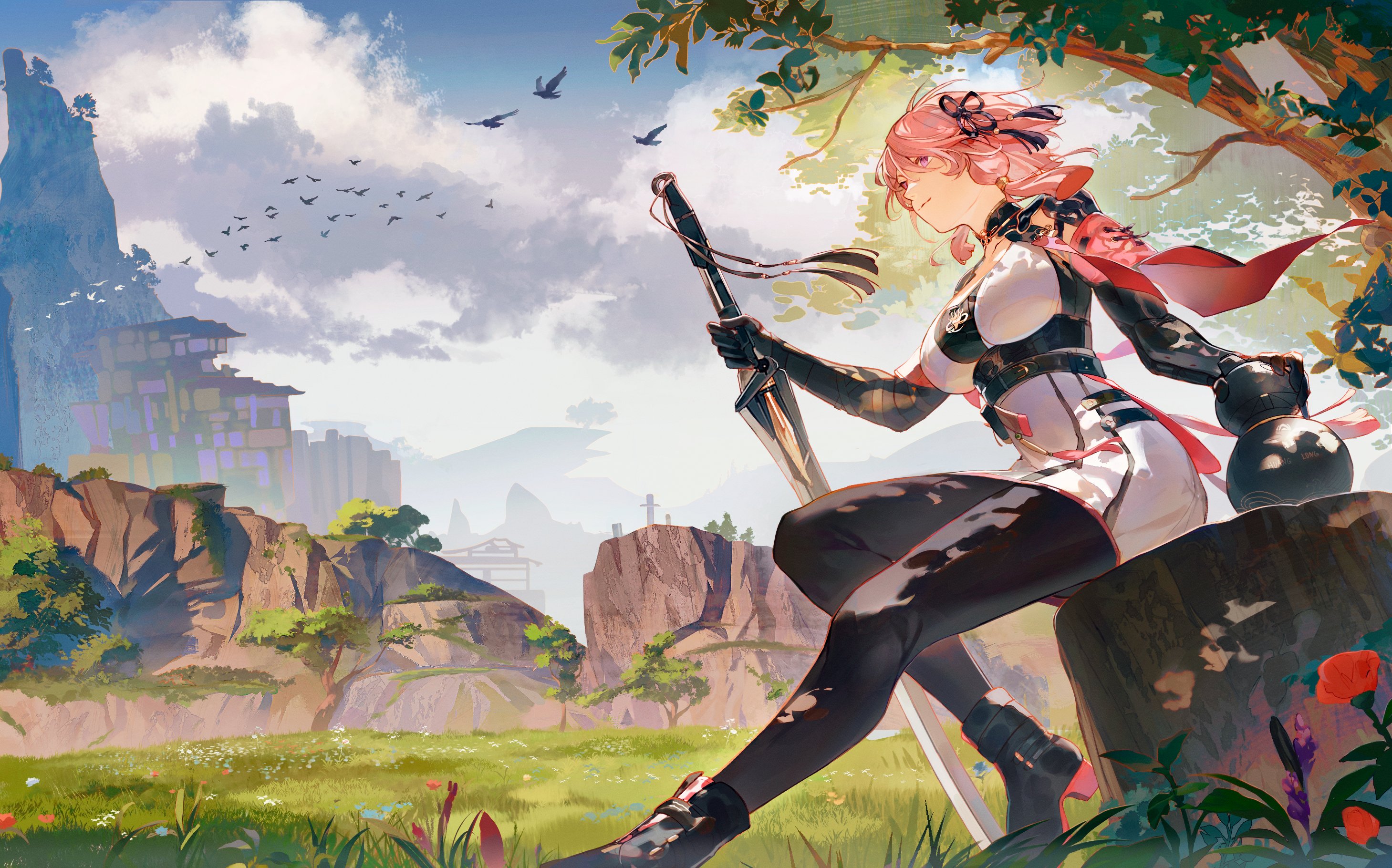 Anime 2918x1820 Wuthering Waves sitting Taoqi (Wuthering Waves) women outdoors nature looking sideways flowers black pantyhose pink hair white dress black gloves hair ornament big boobs torn clothes black boots dappled sunlight grass Srro Yo birds trees clouds rocks sword hills weapon gloves