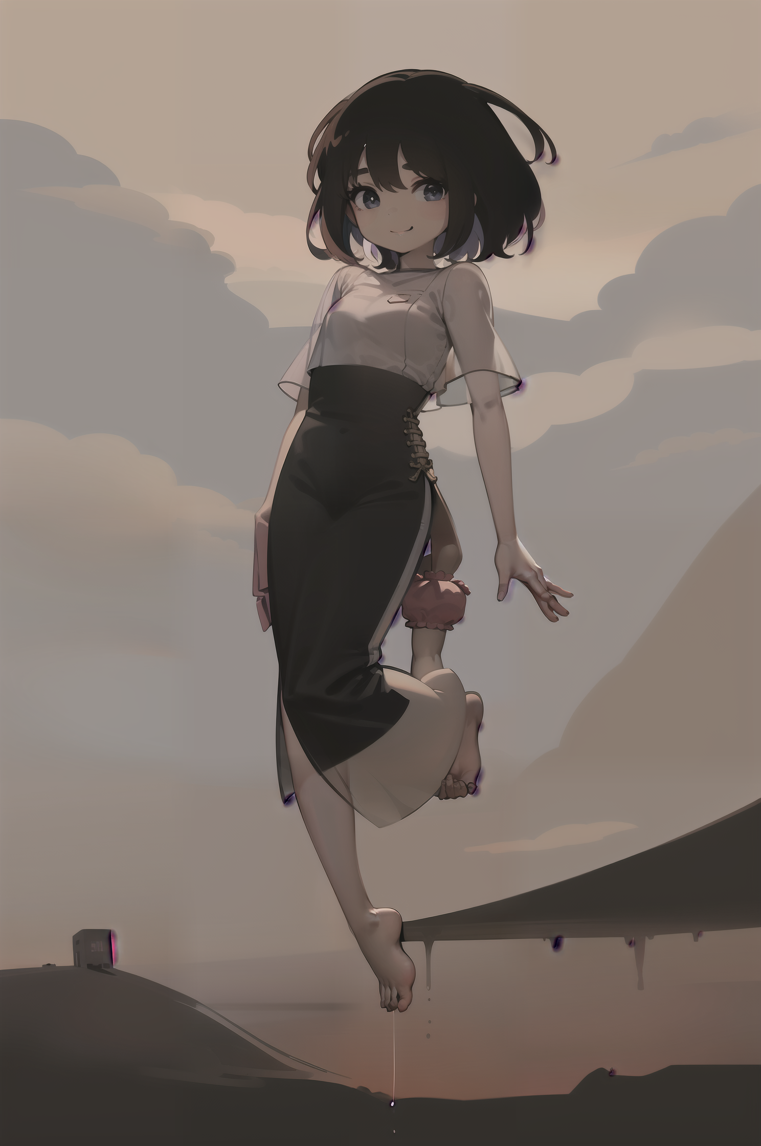 Anime 1488x2240 AI art anime girls portrait display short hair closed mouth smiling looking at viewer brunette short sleeves skinny blue eyes women outdoors pointed toes clouds sky