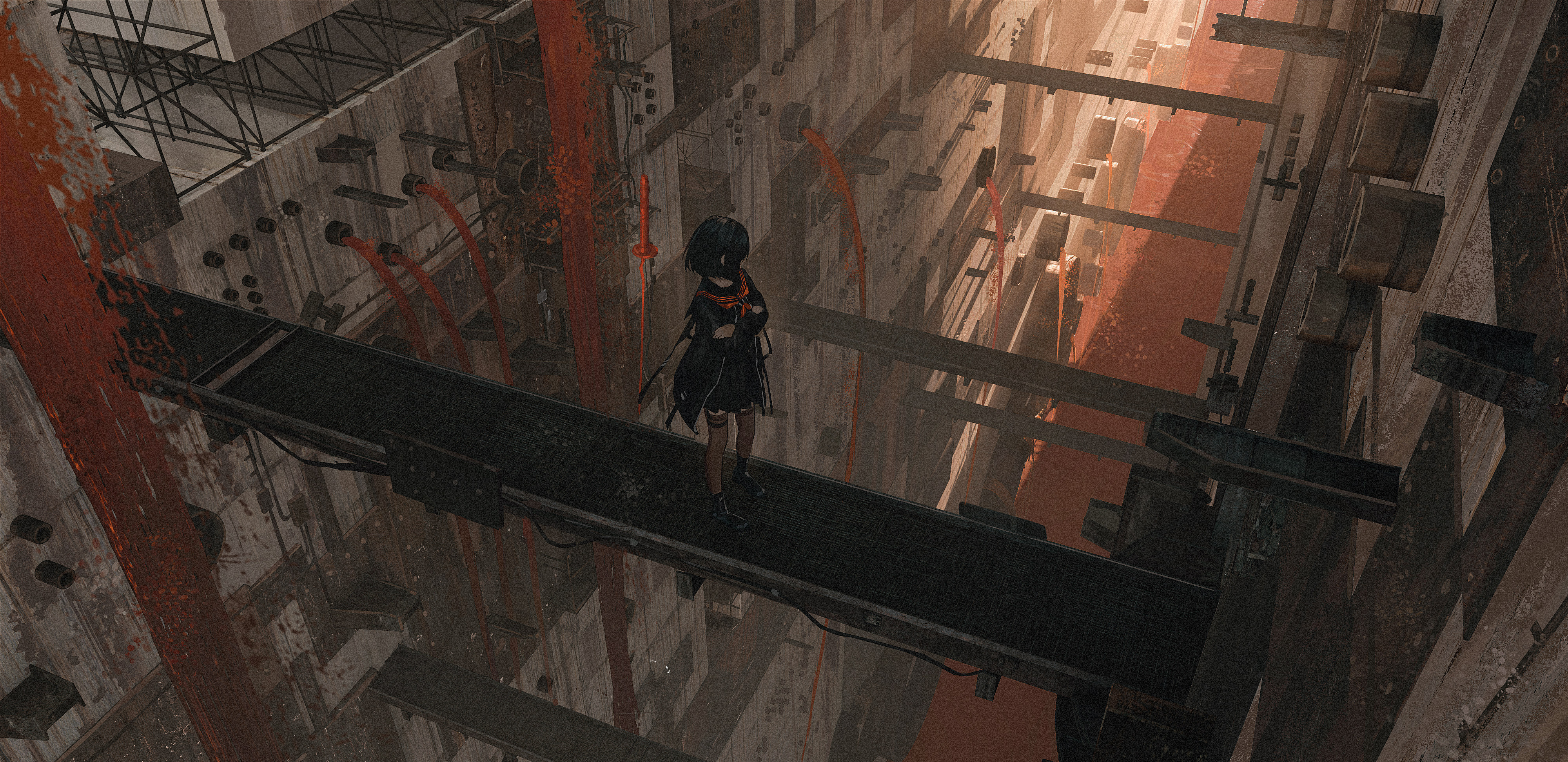 Anime 4000x1945 anime anime girls sword short hair black hair pipes city tight pants looking away schoolgirl school uniform arms crossed standing floating neckerchief looking into the distance skirt women with swords Homutan