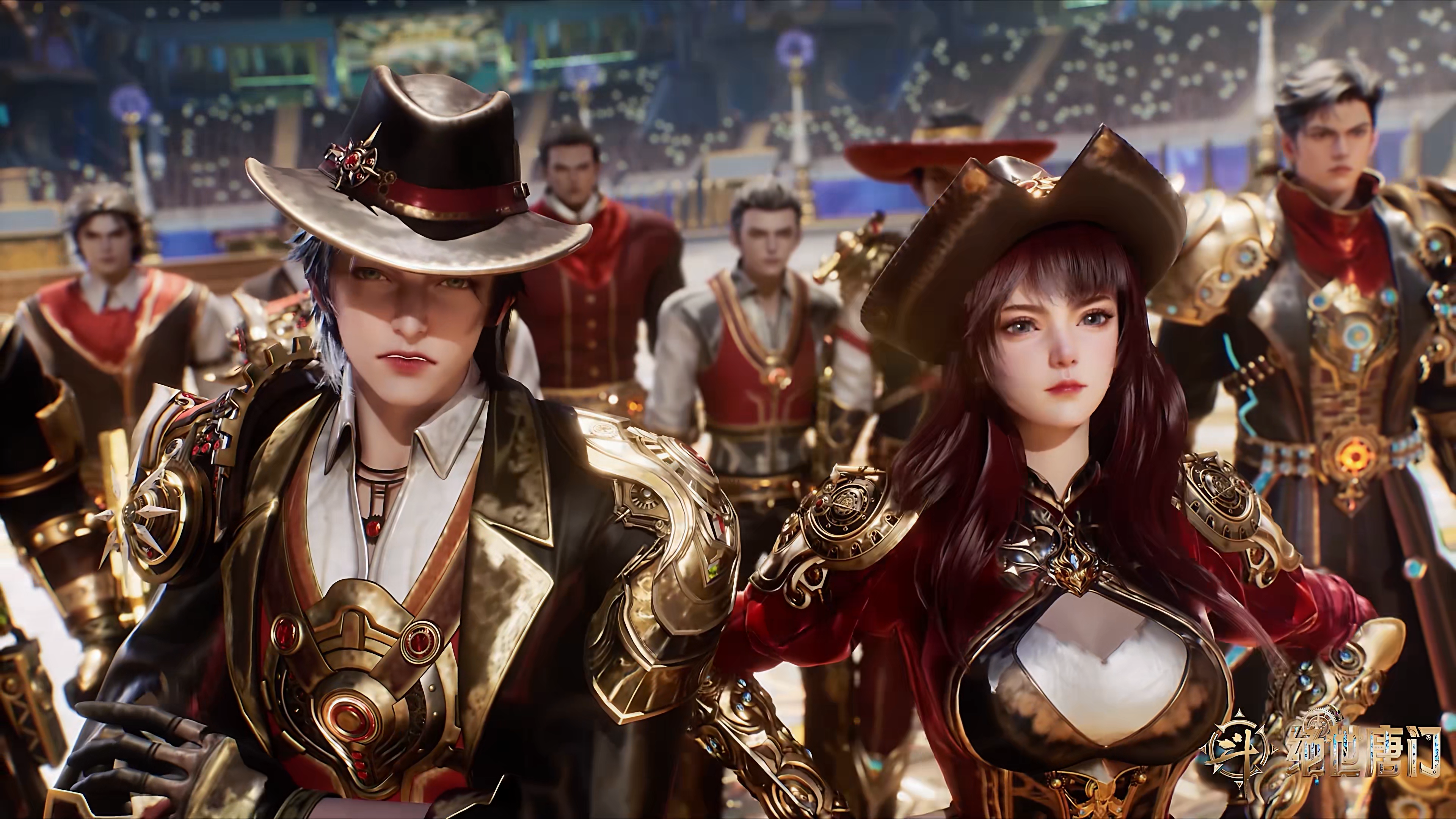 General 3840x2160 Dou Luo Da Lu Jue Shi Tang Men title fantasy art fantasy girl long hair fantasy men hat men with hats looking at viewer gears steampunk closed mouth parted lips standing depth of field kanji CGI