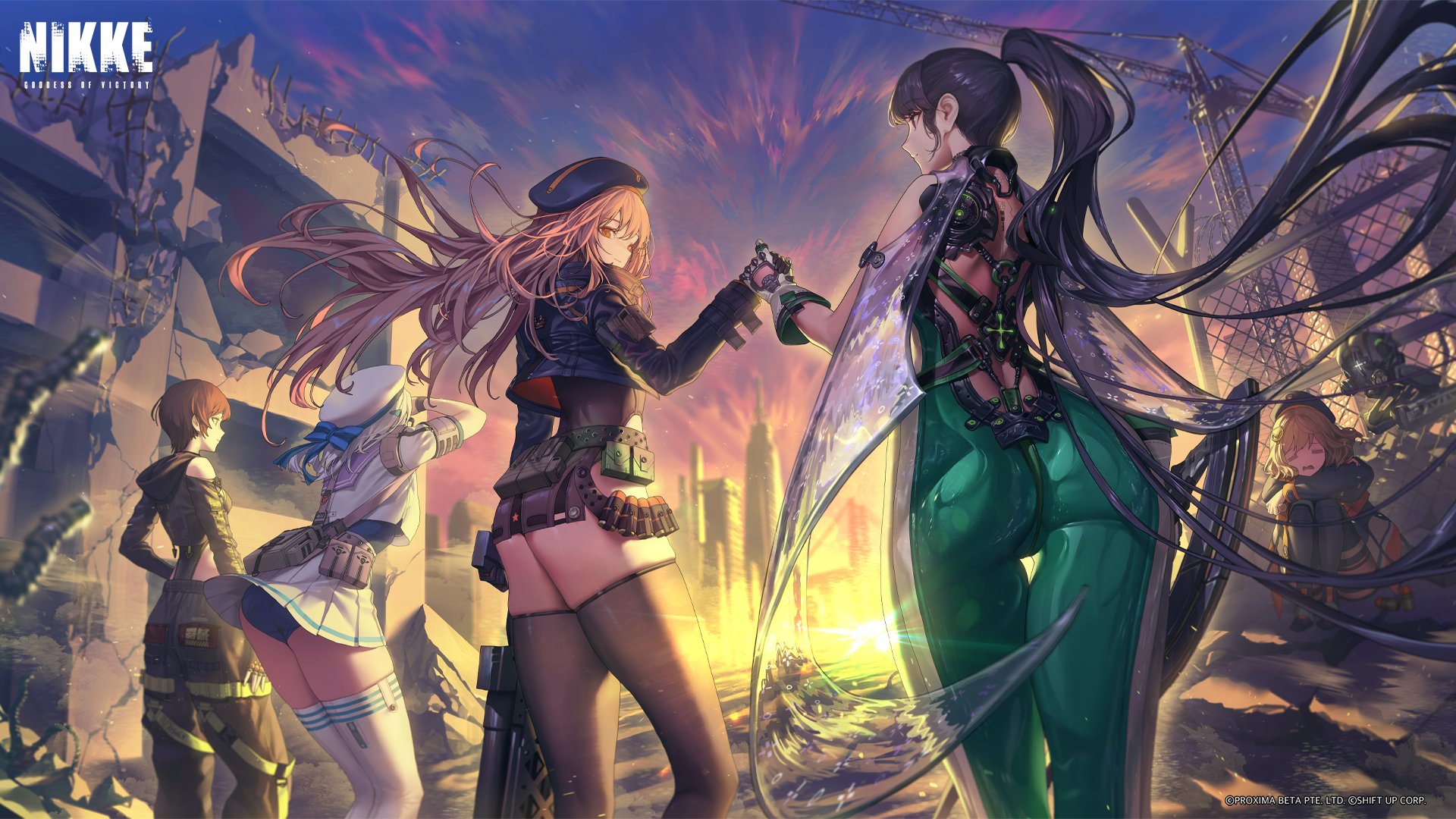 Anime 1920x1080 Nikke: The Goddess of Victory Stellar Blade crossover Eve (Stellar Blade) berets Neon (Nikke) sunset glow Lily (Stellar Blade) building Anis (Nikke: The Goddess of Victory) Rapi (Nikke: The Goddess of Victory) women outdoors weapon group of women ponytail ammunition pantsu shot ruins black thigh-highs looking at viewer truss looking back bodysuit long hair long sleeves watermarked drone ass thighs hat holding hands hoods gun sky sunset cranes (machine) gloves