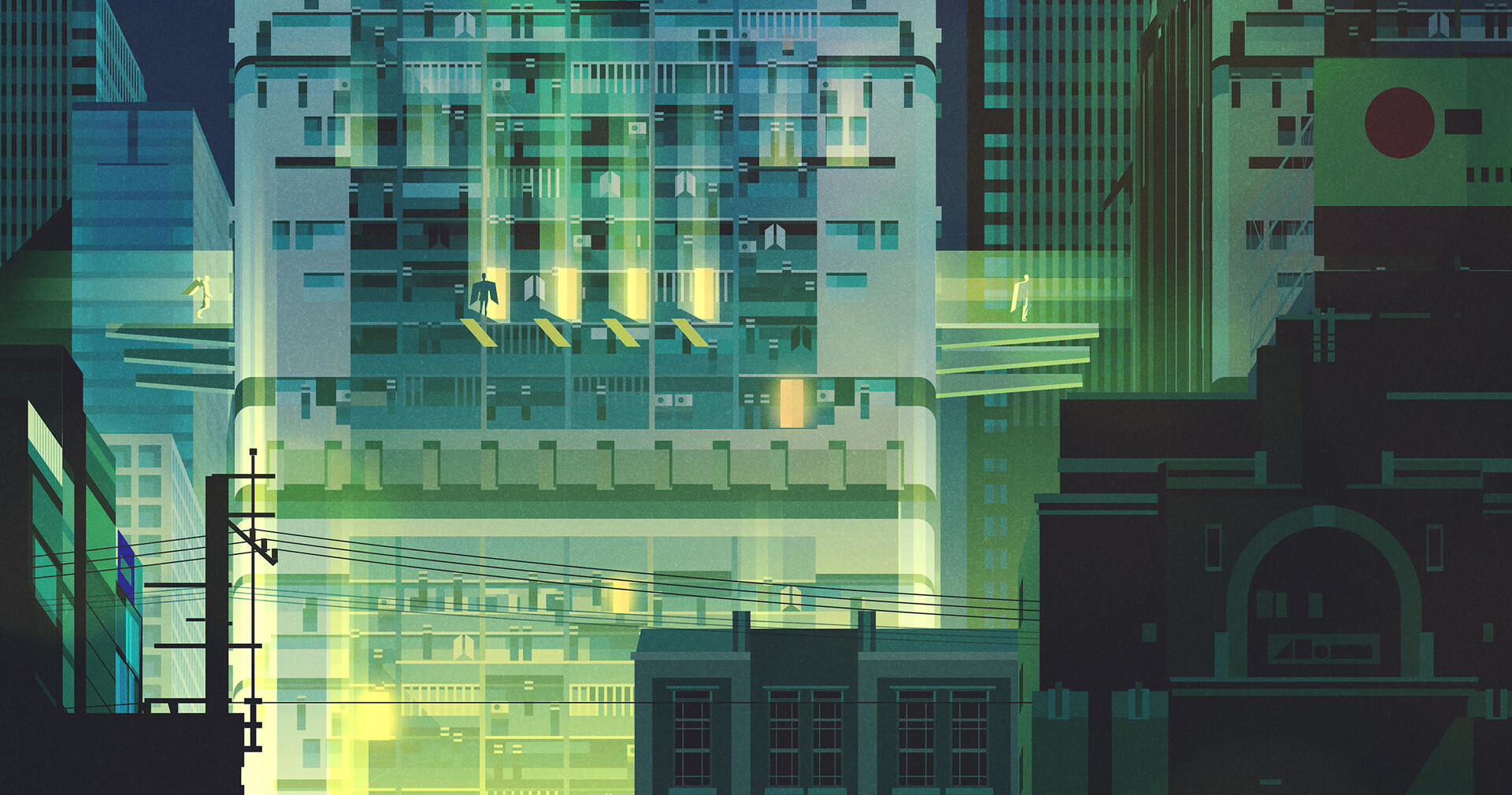 General 1920x1010 James Gilleard night apartments power lines glowing japanese flag