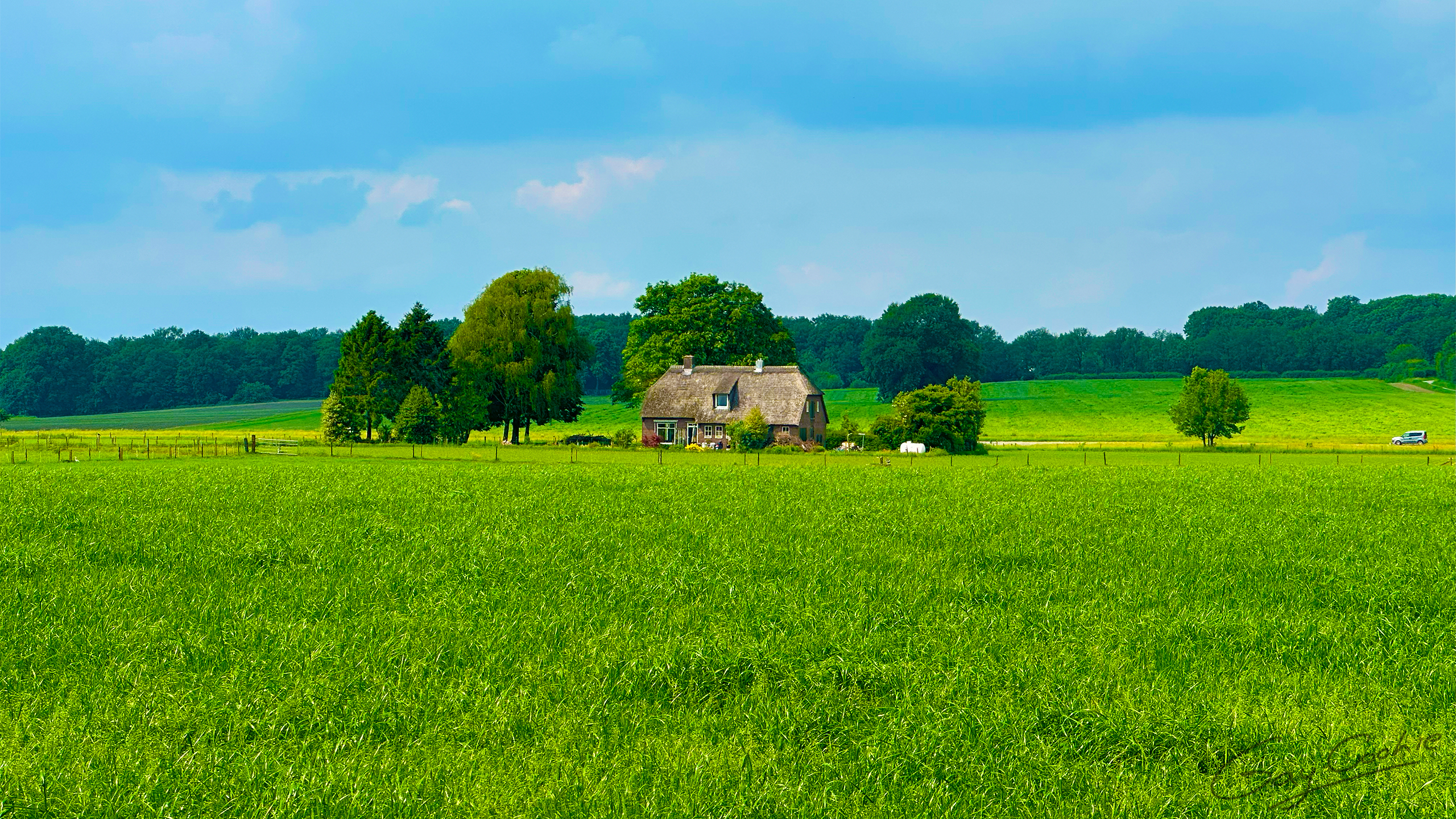 General 2560x1440 countryside scene rural nature greenery grass landscape cottage country field trees sky blue peaceful Farmhouse