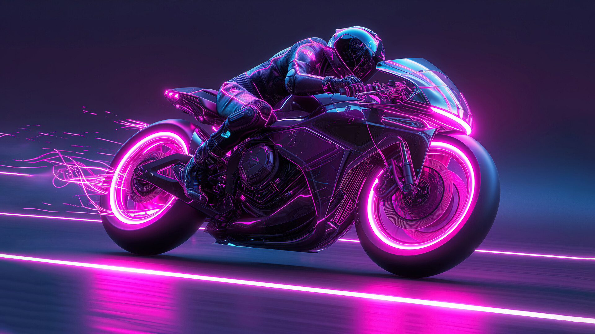 General 1920x1080 neon purple AI art digital art synthwave artwork biker motorcycle