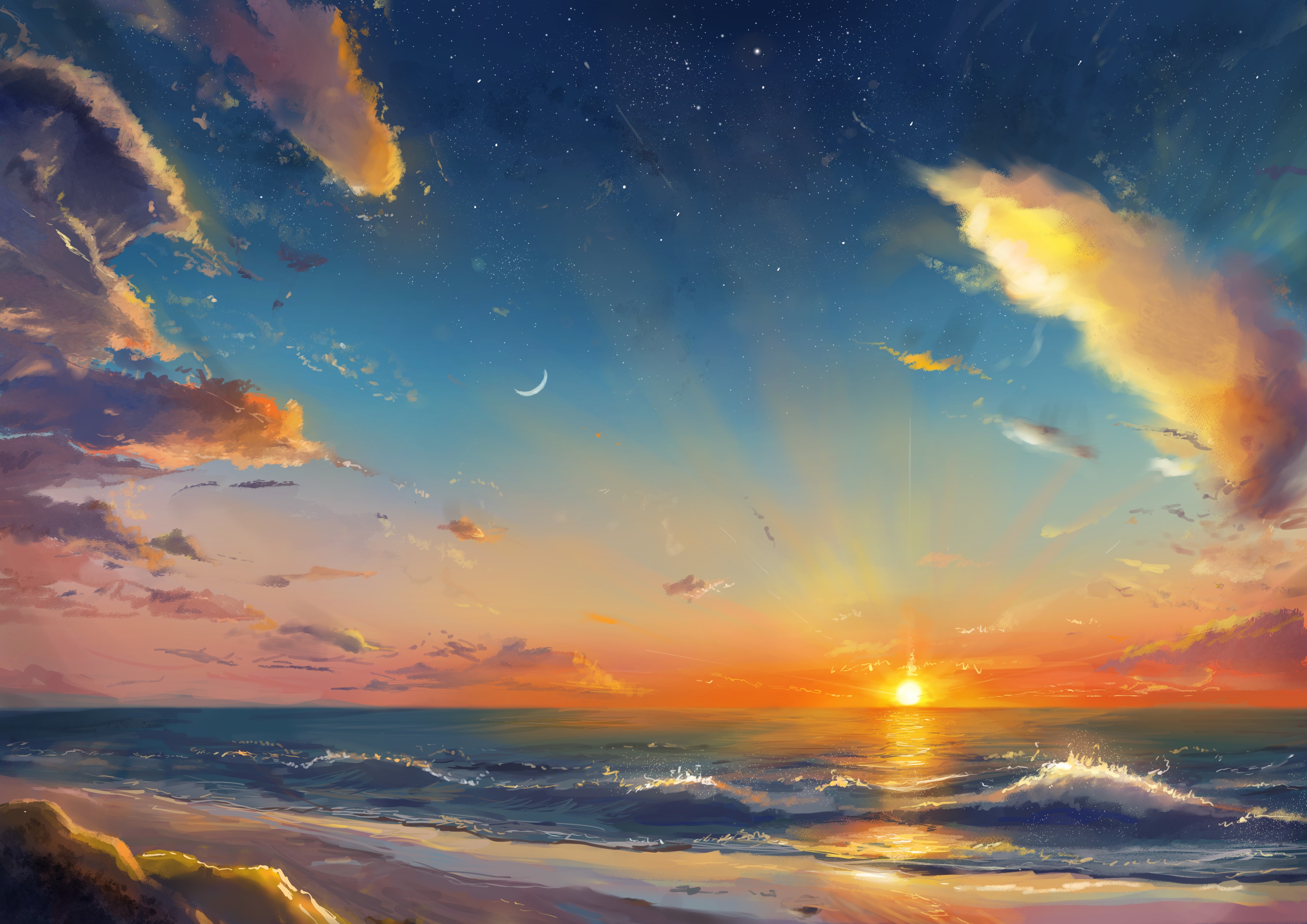 General 4093x2894 digital art artwork illustration digital painting landscape beach sea water sunlight Moon sky clouds sunset nature Sun waves stars