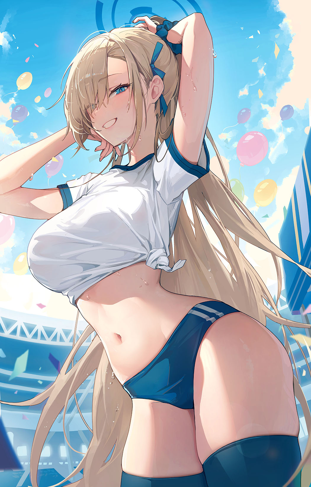 Anime 1050x1641 anime girls anime Blue Archive Asuna Ichinose looking at viewer blushing big boobs arms up arm(s) behind head sportswear belly belly button bare midriff sweat sweatdrop thighs thigh-highs thigh high socks