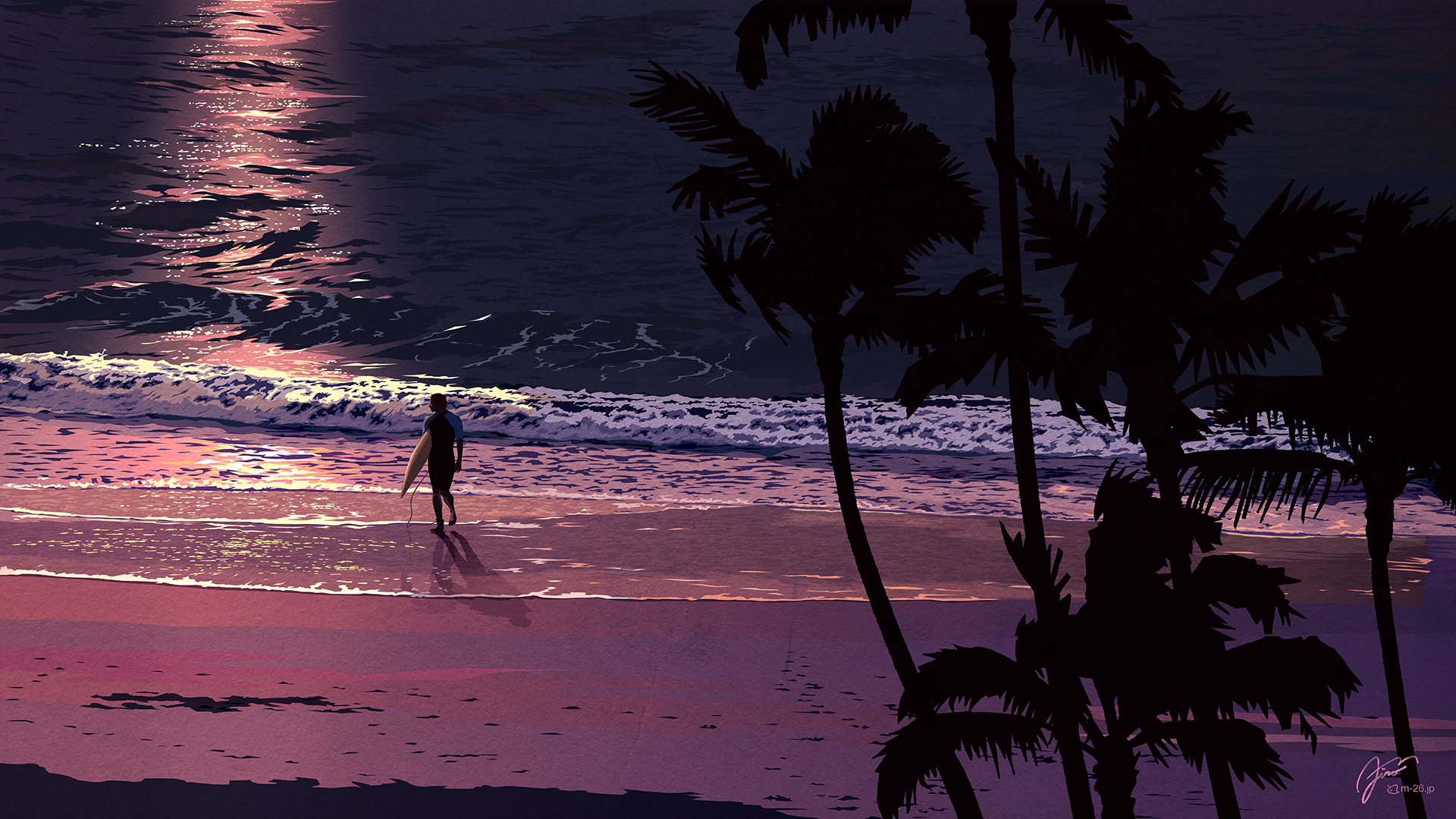 General 1920x1080 m26 digital art artwork illustration digital painting landscape nature sea water beach palm trees surfers watermarked sunset
