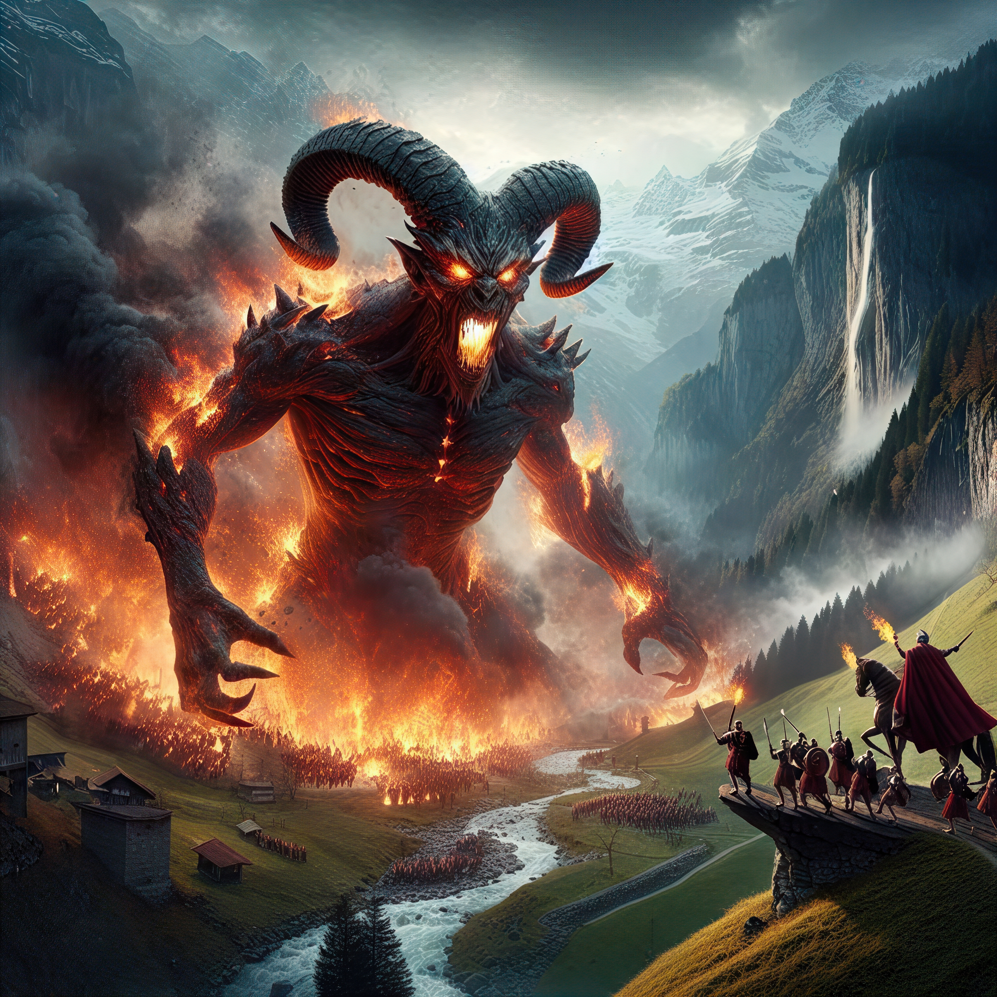 General 3200x3200 AI art fantasy art Balrog The Lord of the Rings fire creature smoke Swiss Alps valley army war Roman Army