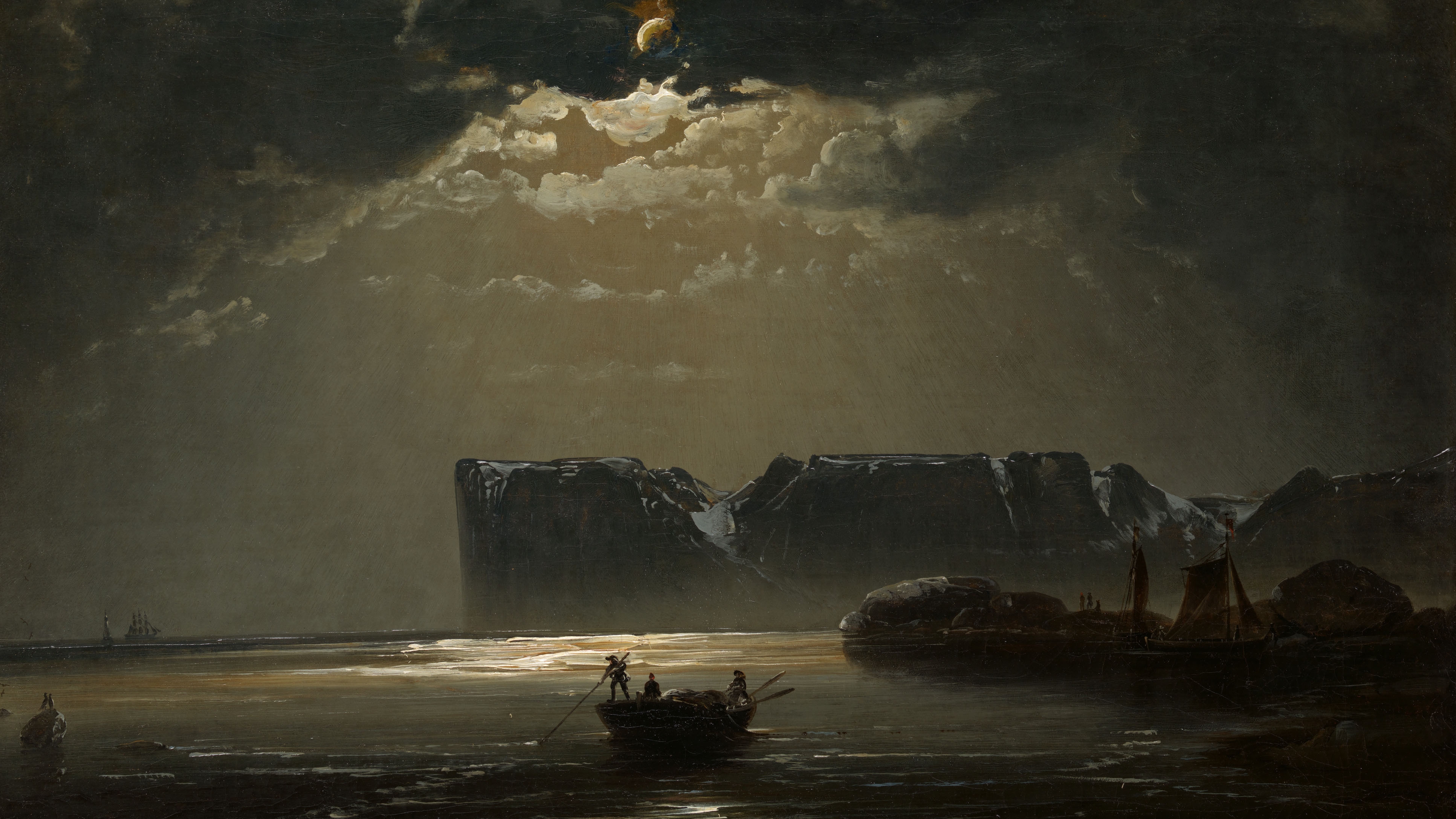 General 3855x2170 Romanticism dusk seashore rowboat Oil on canvas moonlight Norwegian Sea Peder Balke painting ridge ship dark background clouds horizon