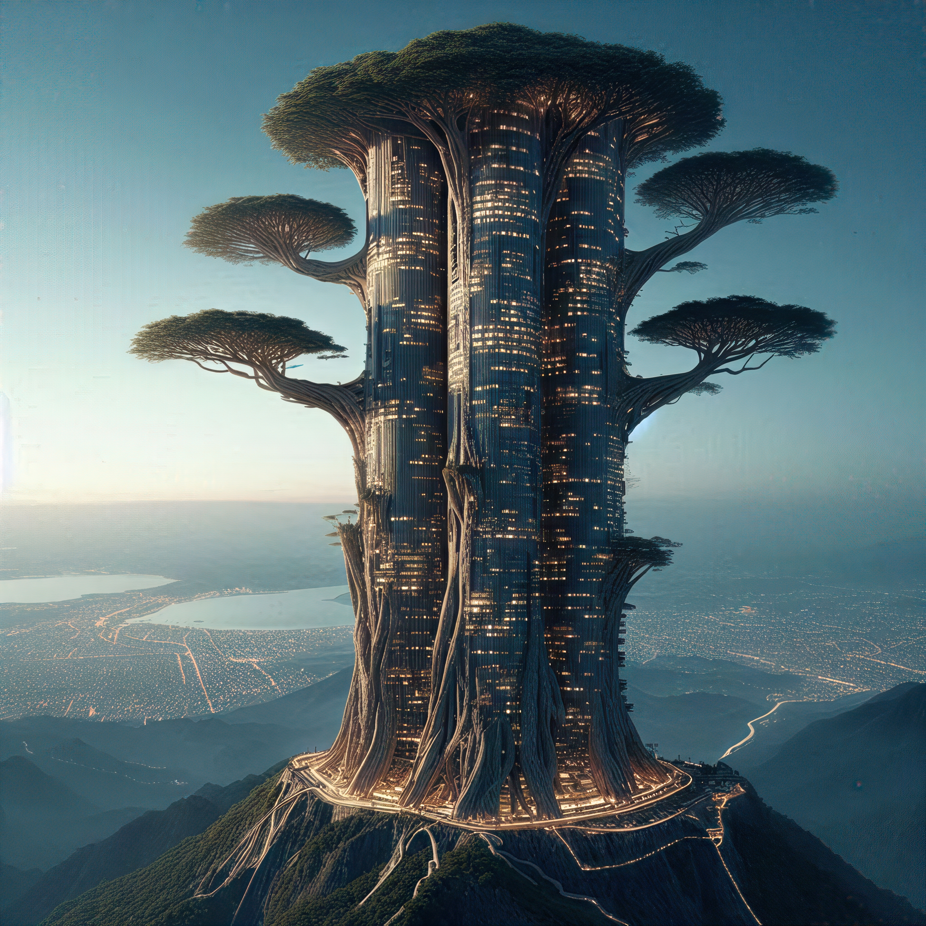 General 3200x3200 AI art fantasy architecture skyscraper trees