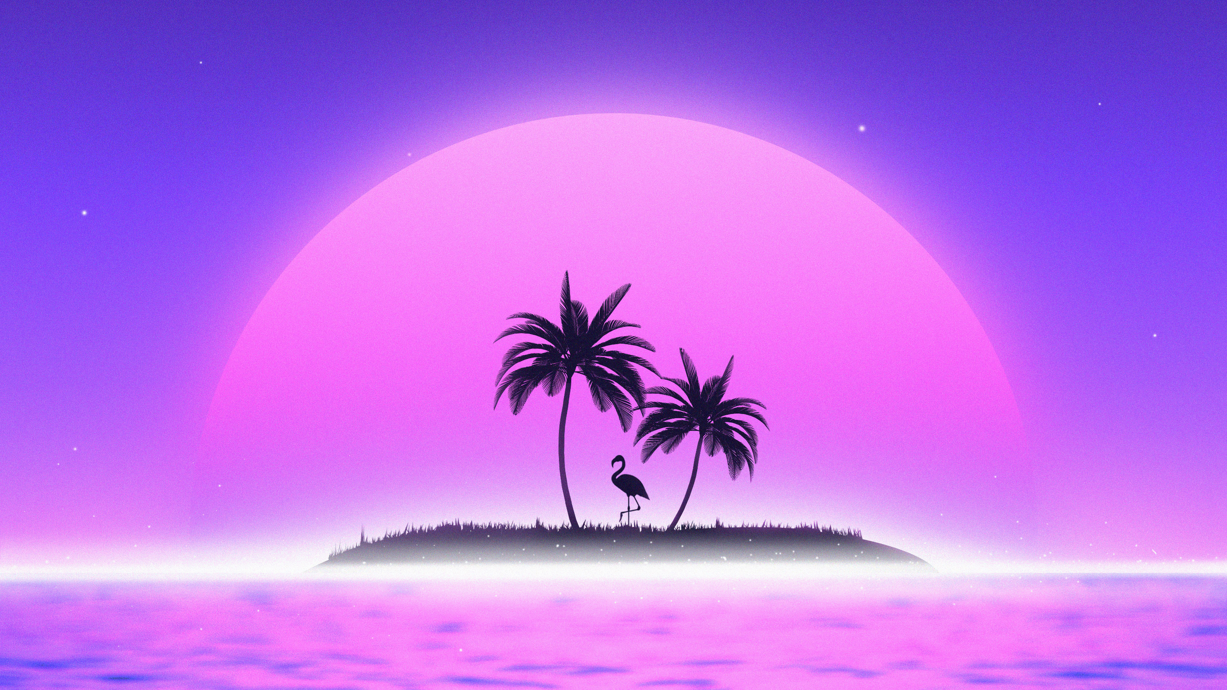 General 5120x2880 exhozt digital art artwork illustration landscape sea water island palm trees Sun stars flamingos birds animals nature minimalism