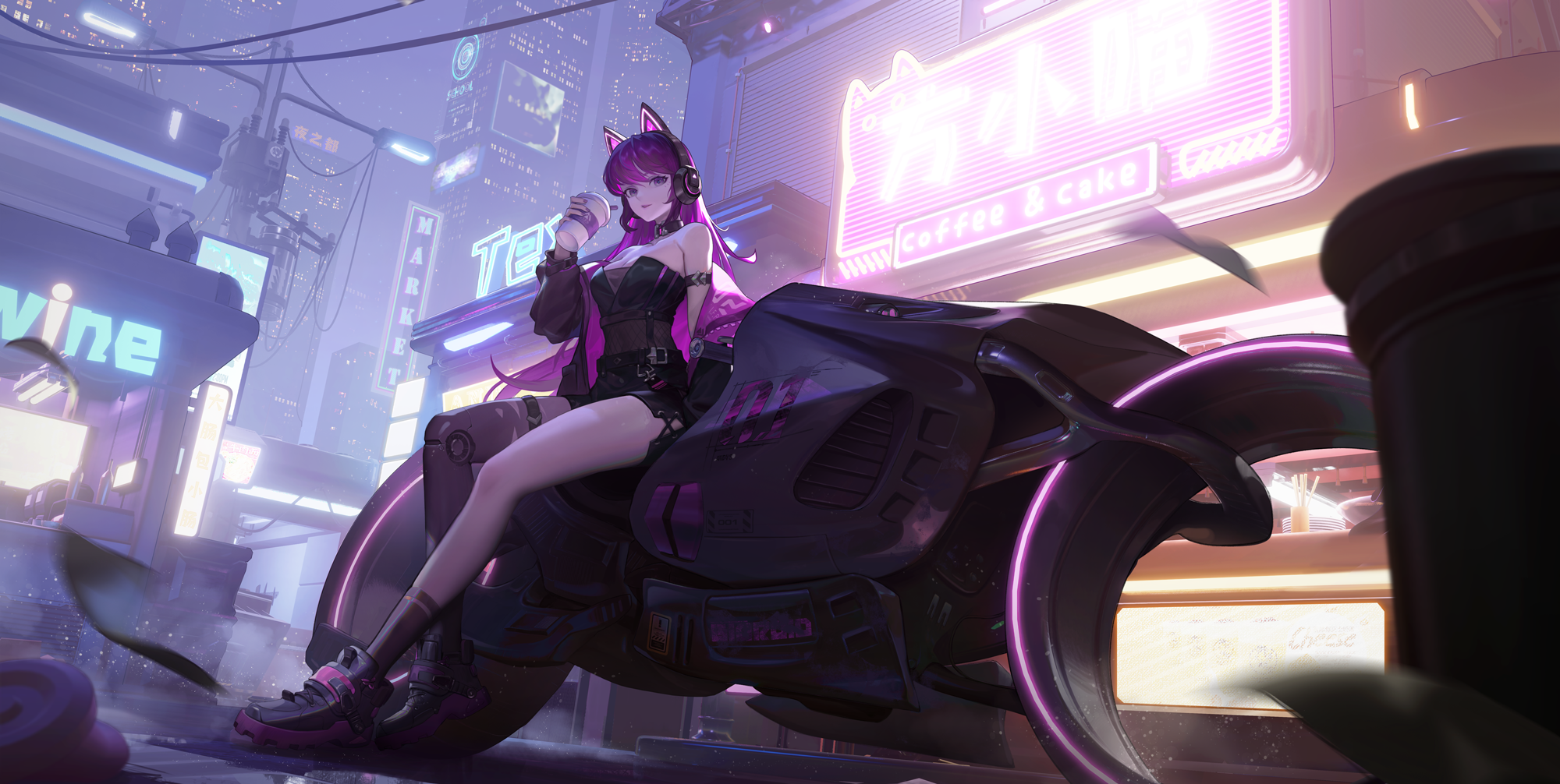 Anime 2000x1006 Big Orange AD anime girls cyberpunk science fiction motorcycle purple hair purple eyes cat ears headsets futuristic city futuristic cityscape LEDs artificial lights skyscraper legs sitting cafe drinking coffee looking at viewer headphones lights