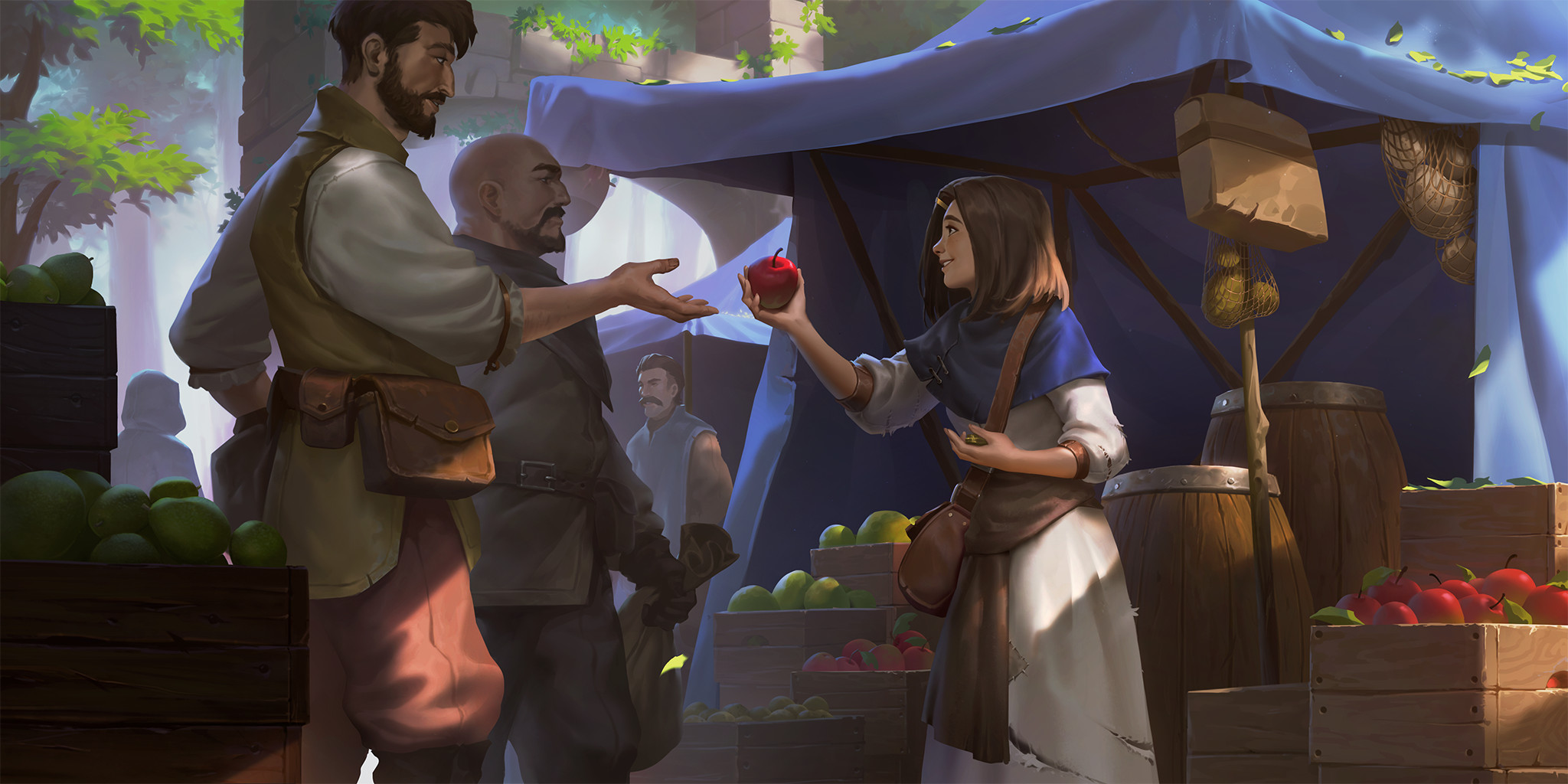 General 2048x1024 fantasy girl fantasy city Legends of Runeterra fruit Market Town apples video games video game art