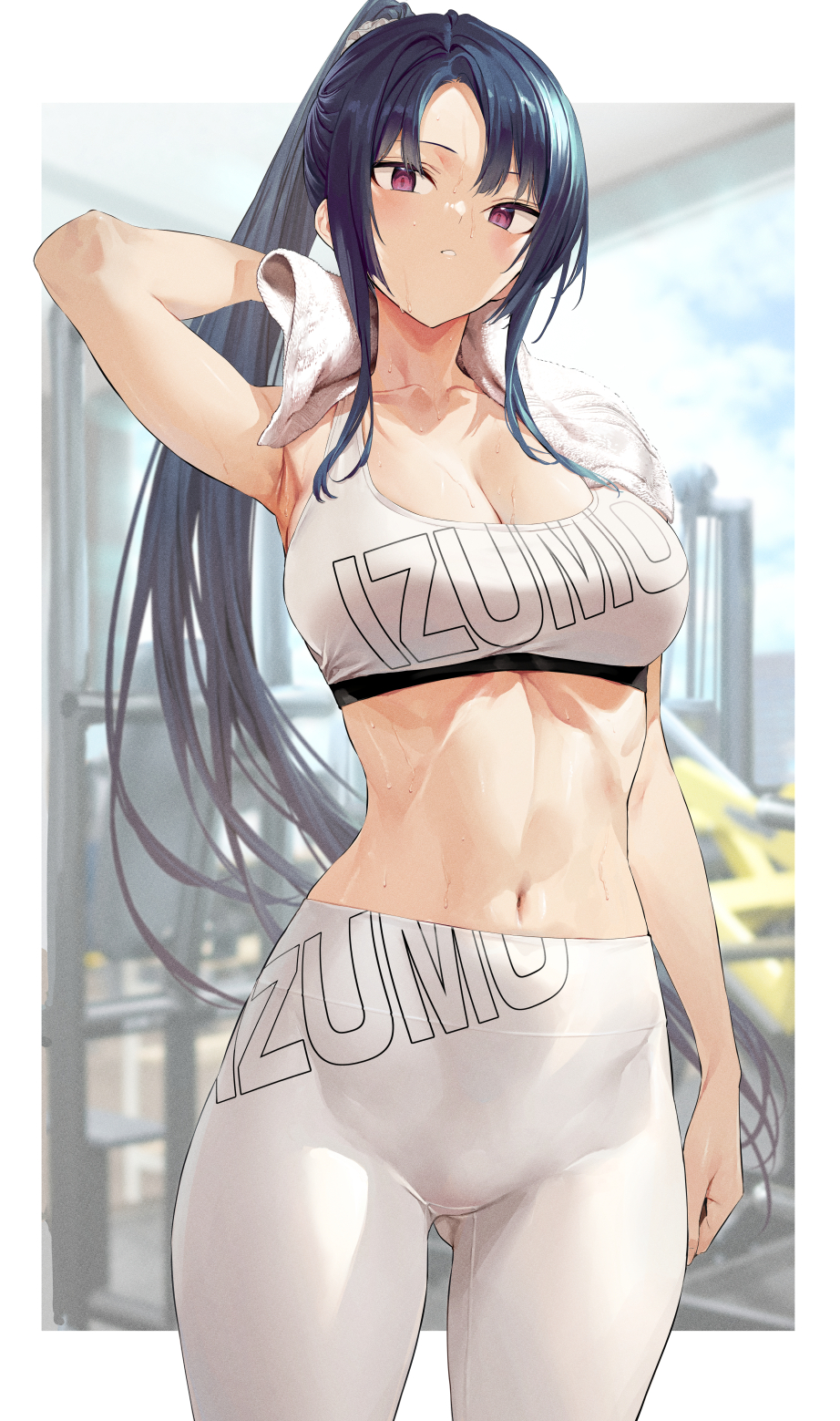 Anime 922x1559 anime girls yoga pants sports bra belly ponytail sweat looking below artwork Hiiragi Yuuichi
