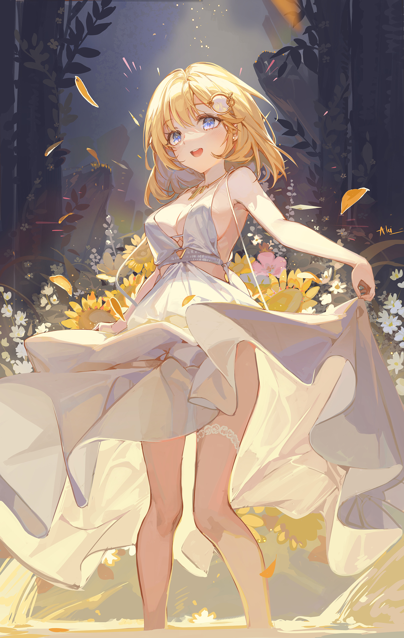 Anime 1394x2200 anime anime girls blonde petals flowers lifting dress dress big boobs blue eyes Watson Amelia Hololive sunflowers Virtual Youtuber AkiZero looking at viewer standing open mouth short hair