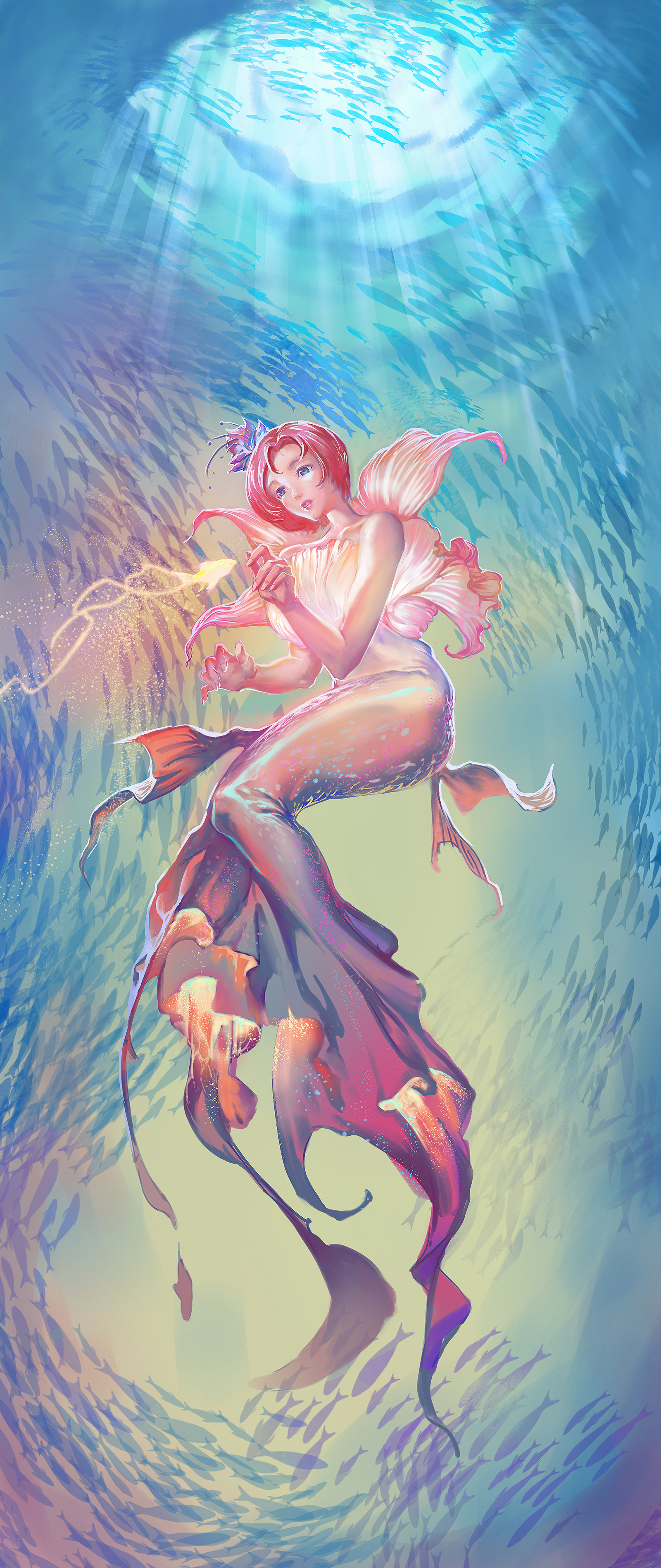 Anime 1600x3795 Yangmie Mieyi mermaids fantasy girl fantasy art fish underwater redhead blue eyes animals water