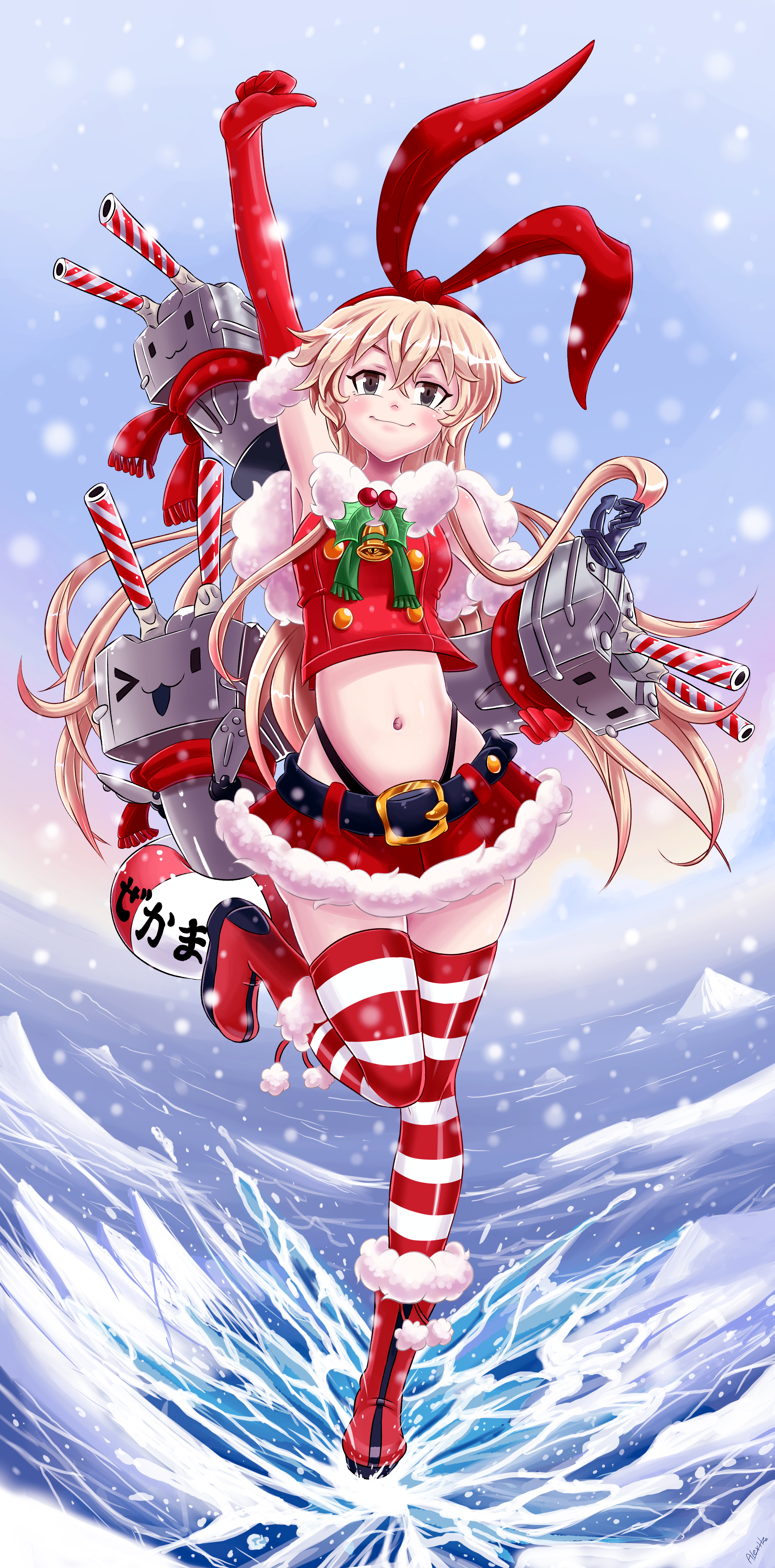 Anime 2622x5302 Kantai Collection Shimakaze (Kancolle) anime girls Christmas clothes water bunny ears blonde belly Japanese