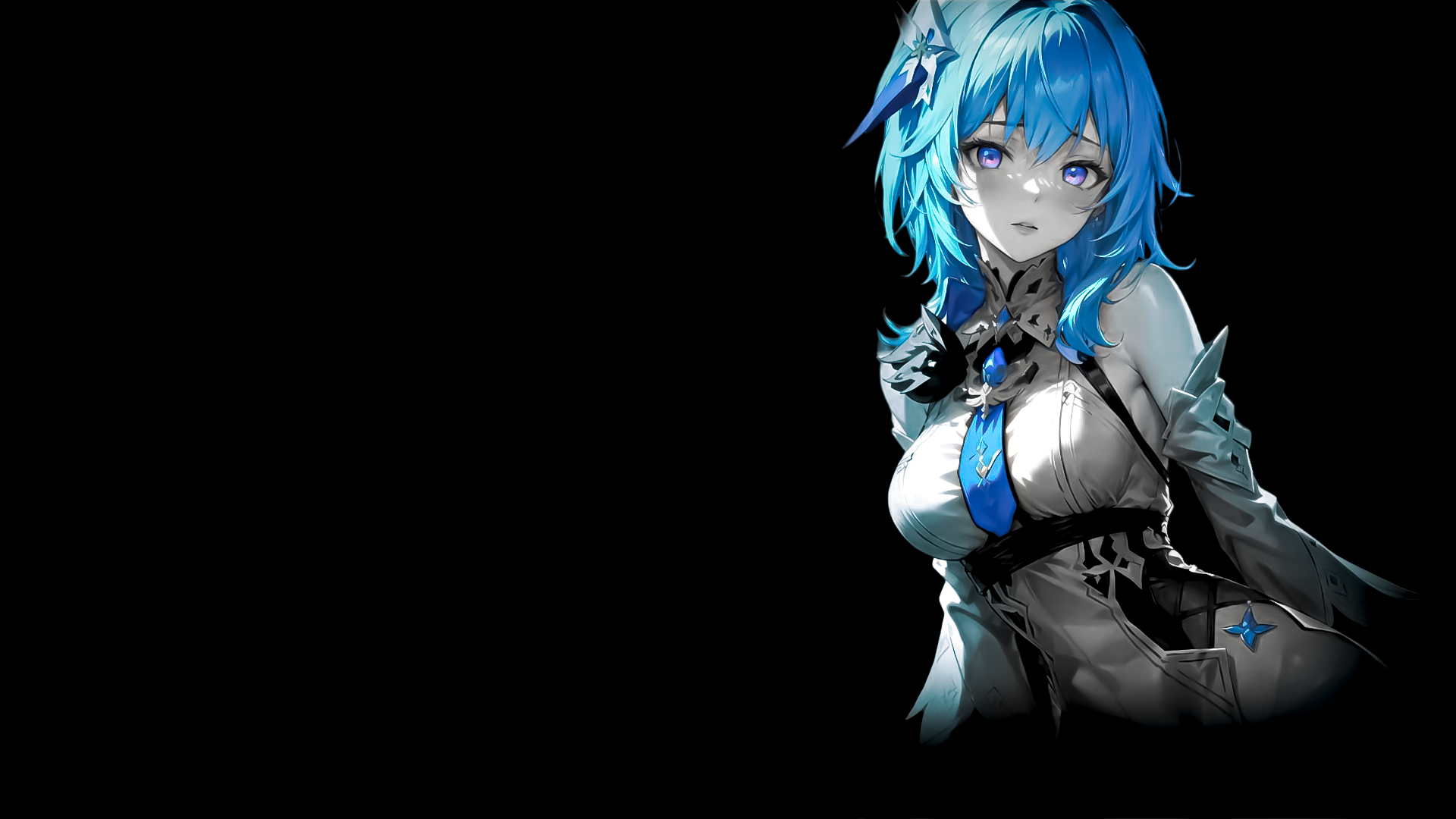 Anime 1920x1080 Eula (Genshin Impact) simple background anime anime girls Genshin Impact dark background blue hair bare shoulders long hair selective coloring blue eyes