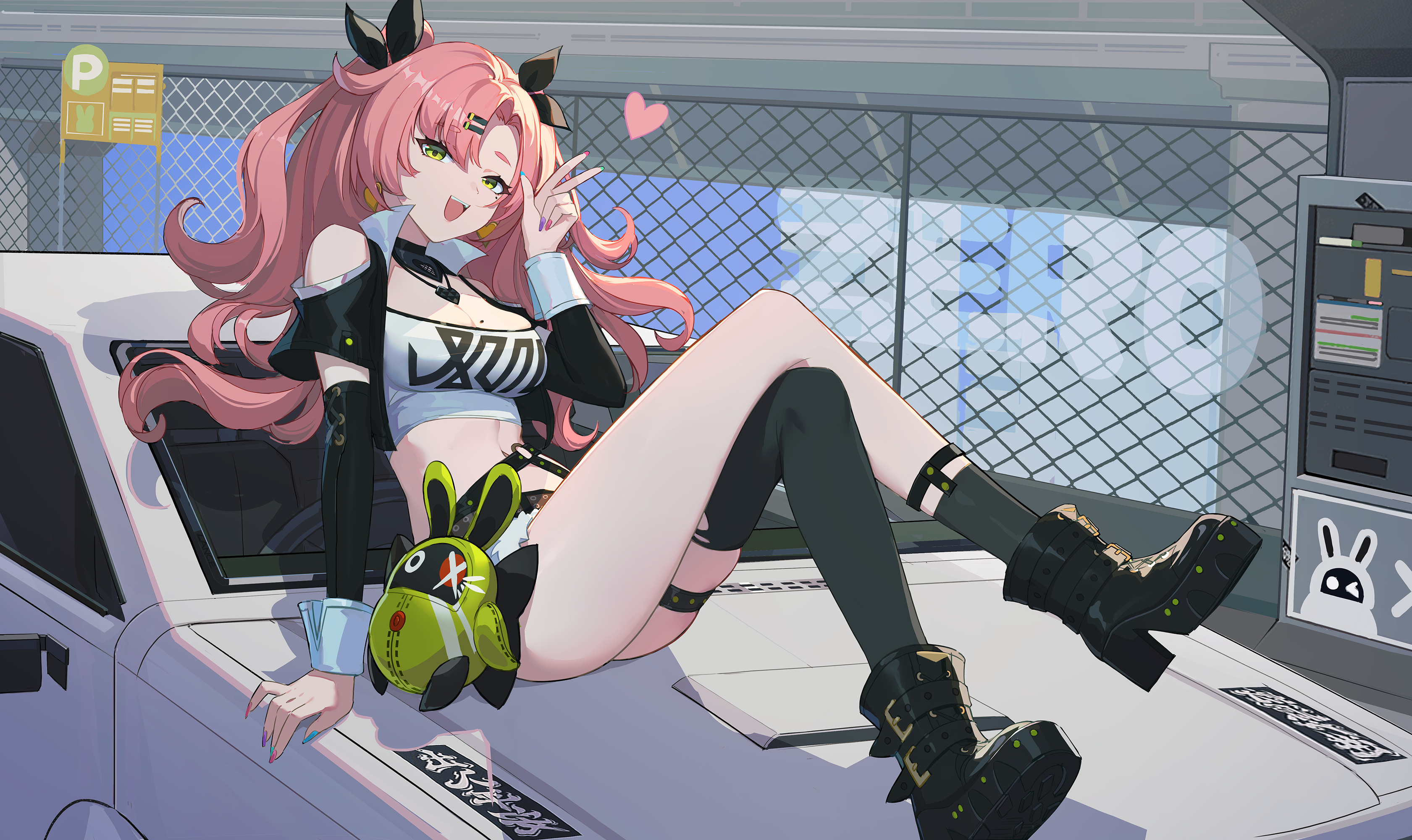 Anime 3362x2000 anime anime girls Nicole Demara (Zenless Zone Zero) Zenless Zone Zero vehicle looking at viewer smiling open mouth long hair peace sign heart fence legs crossed bare shoulders pink hair hair ornament car Lance (artist) moles mole on breast jacket tank top detached sleeves green eyes shoe sole boots mole under eye painted nails big boobs cleavage bare midriff Skindentation leg garter mismatched stockings earring hair ribbon wrist cuffs