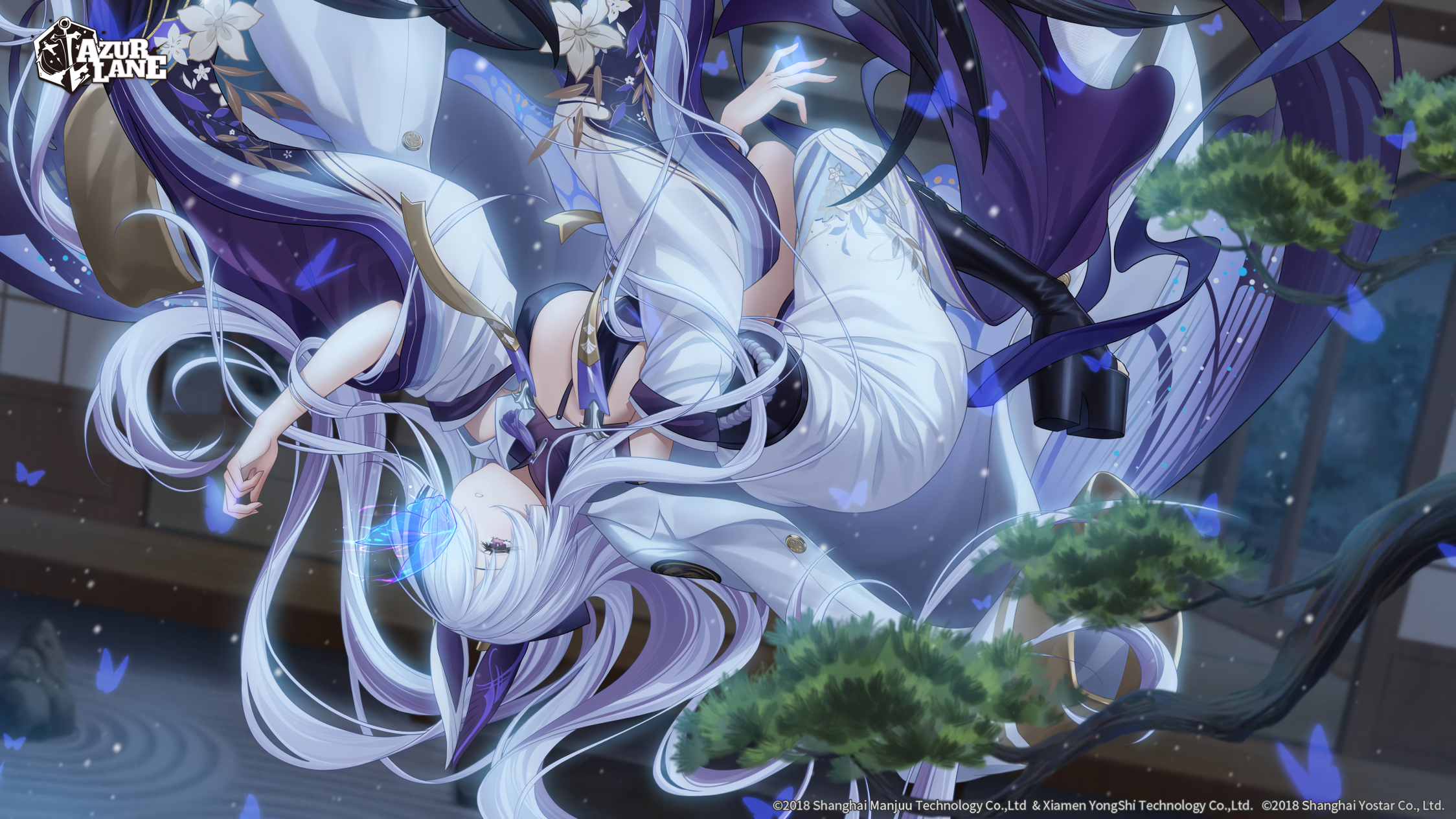 Anime 2248x1264 anime anime girls Azur Lane upside down butterfly watermarked Unzen (Azur Lane) branch HaneRu long hair video game girls flowers video game characters title insect big boobs