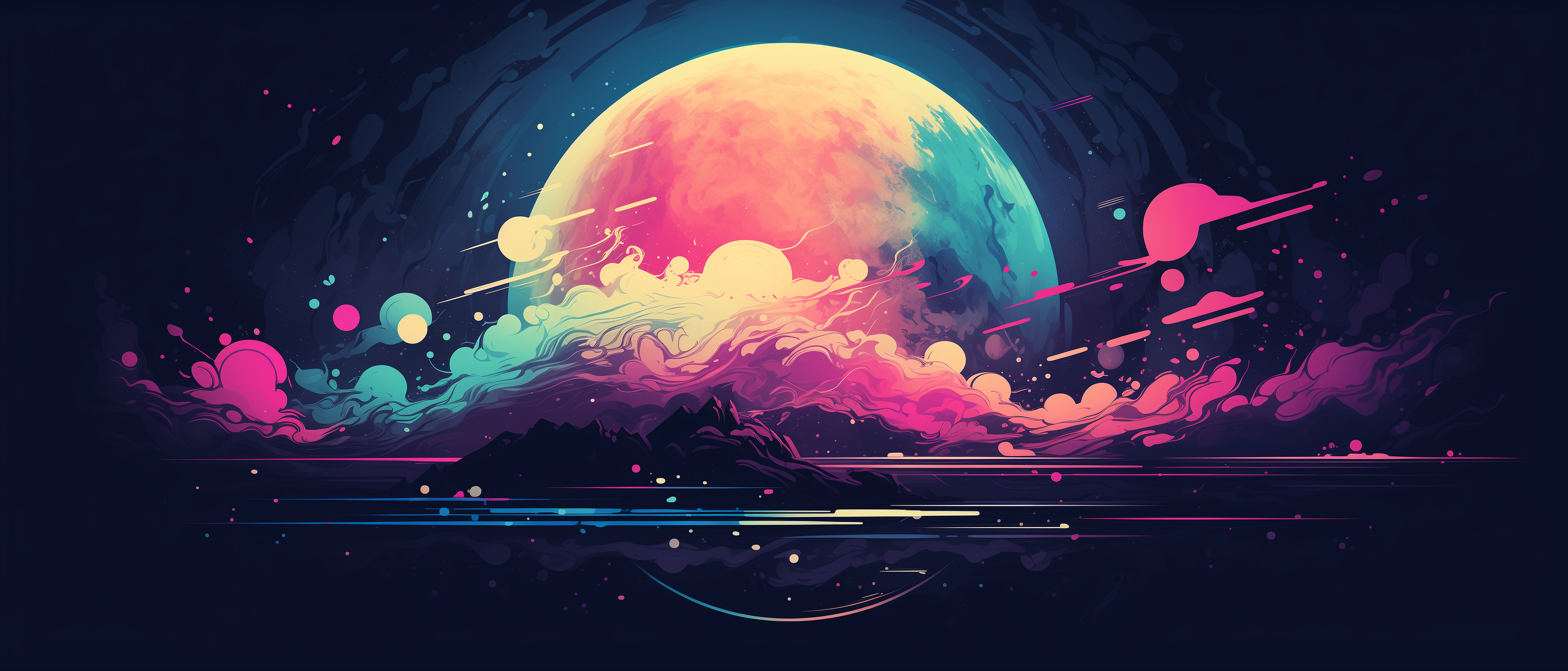General 3360x1440 AI art night colorful clouds digital art planet simple background