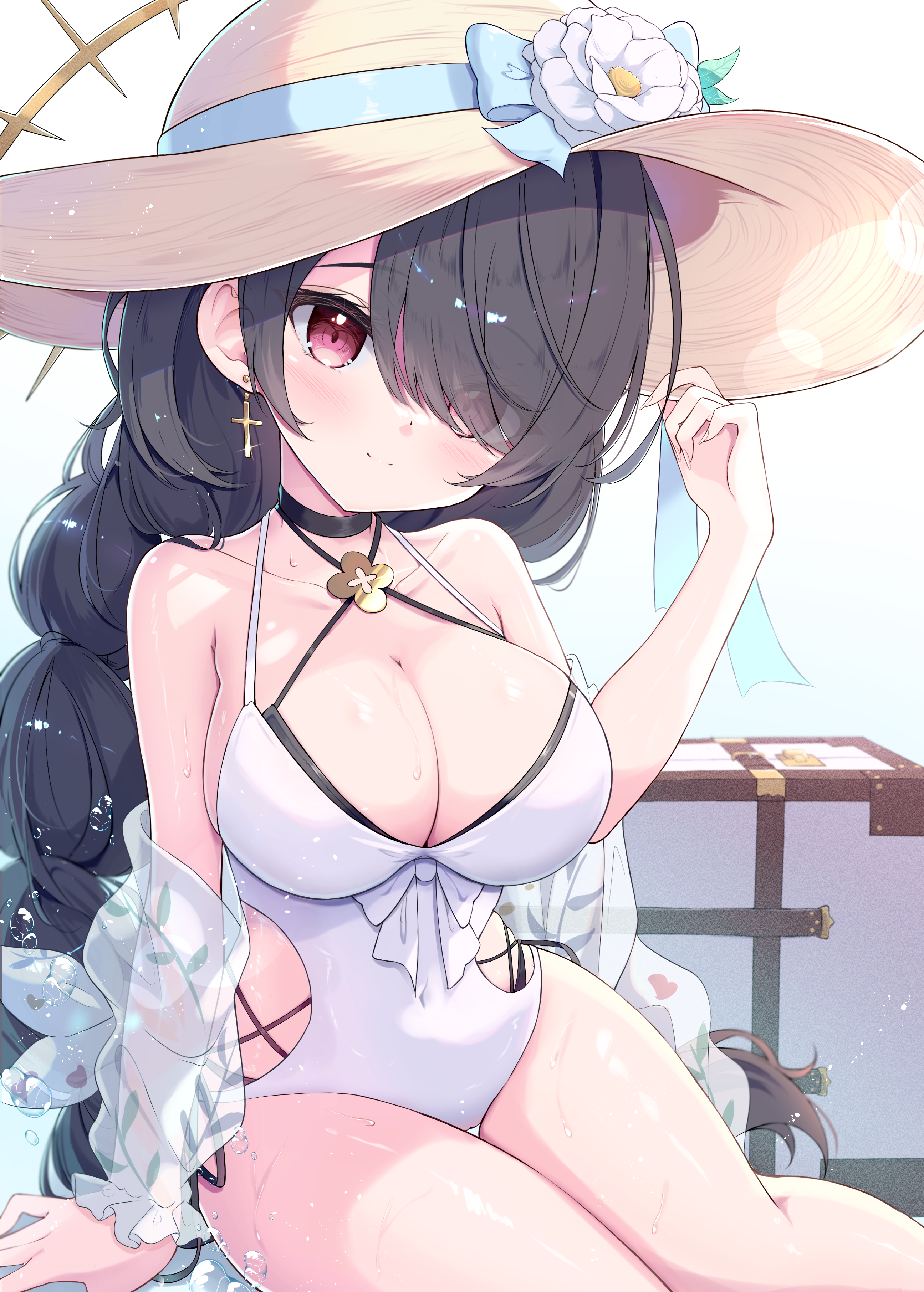 Anime 2591x3624 anime anime girls Mikaze Oto Blue Archive Hinata (Blue Archive) hat portrait display smiling hair over one eye long hair cleavage big boobs collarbone swimwear one-piece swimsuit wet wet body dark hair red eyes bare shoulders looking at viewer choker earring sitting cross water braids thighs water drops sun hats sunlight
