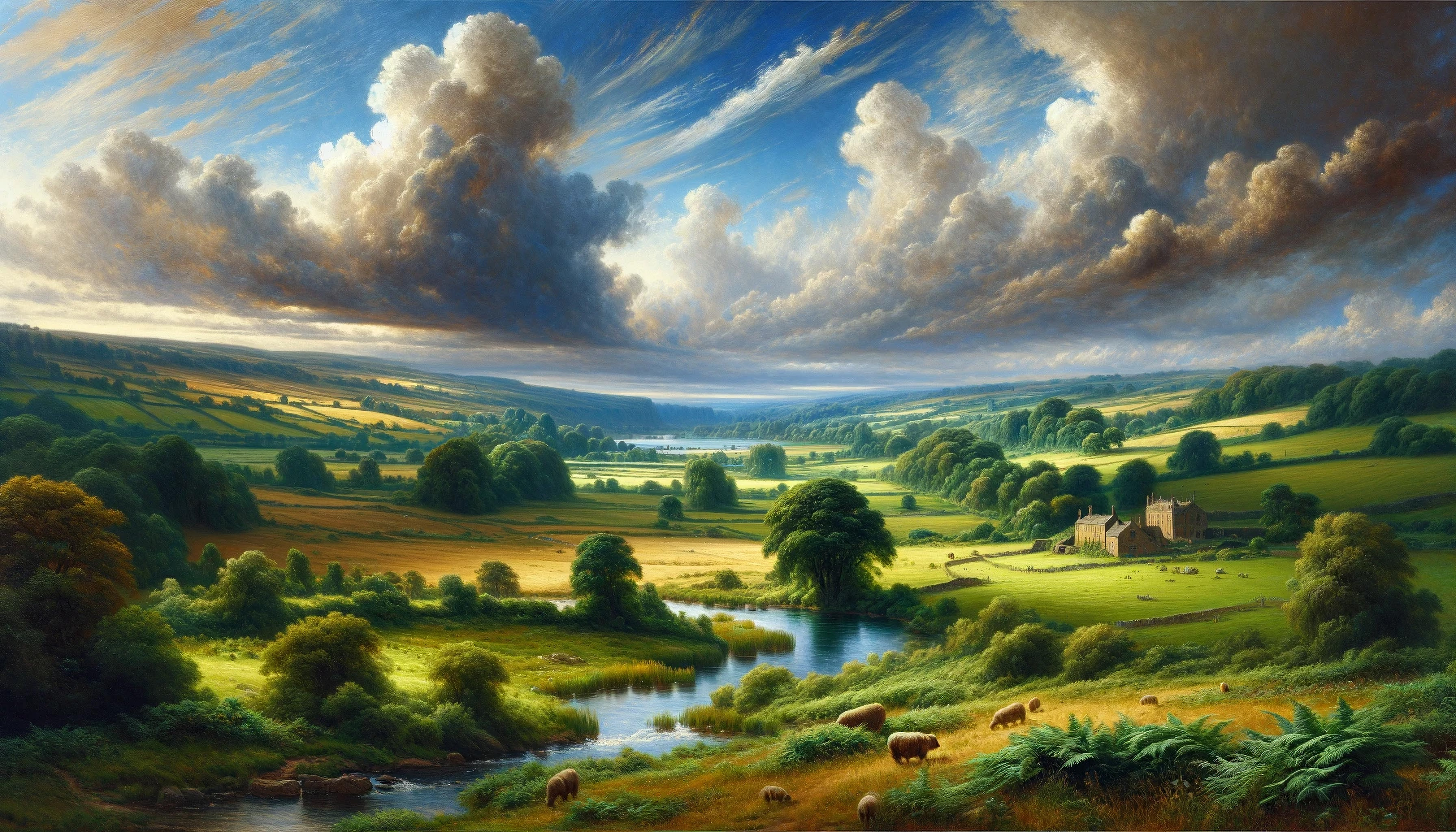 General 3584x2048 AI art digital art landscape trees digital painting imitation John Constable water sky clouds nature sunlight house grass
